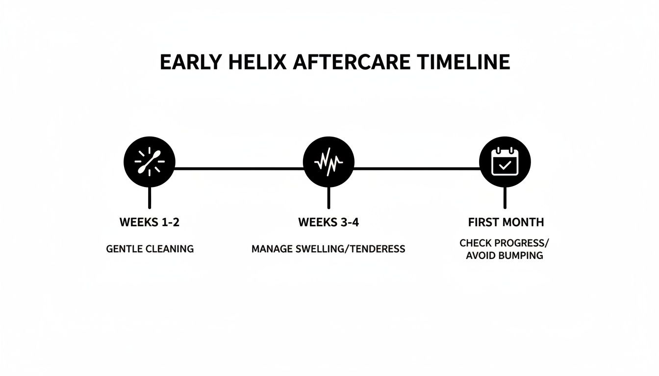 Timeline illustrating early helix piercing aftercare, including gentle cleaning, swelling management, and progress checks.