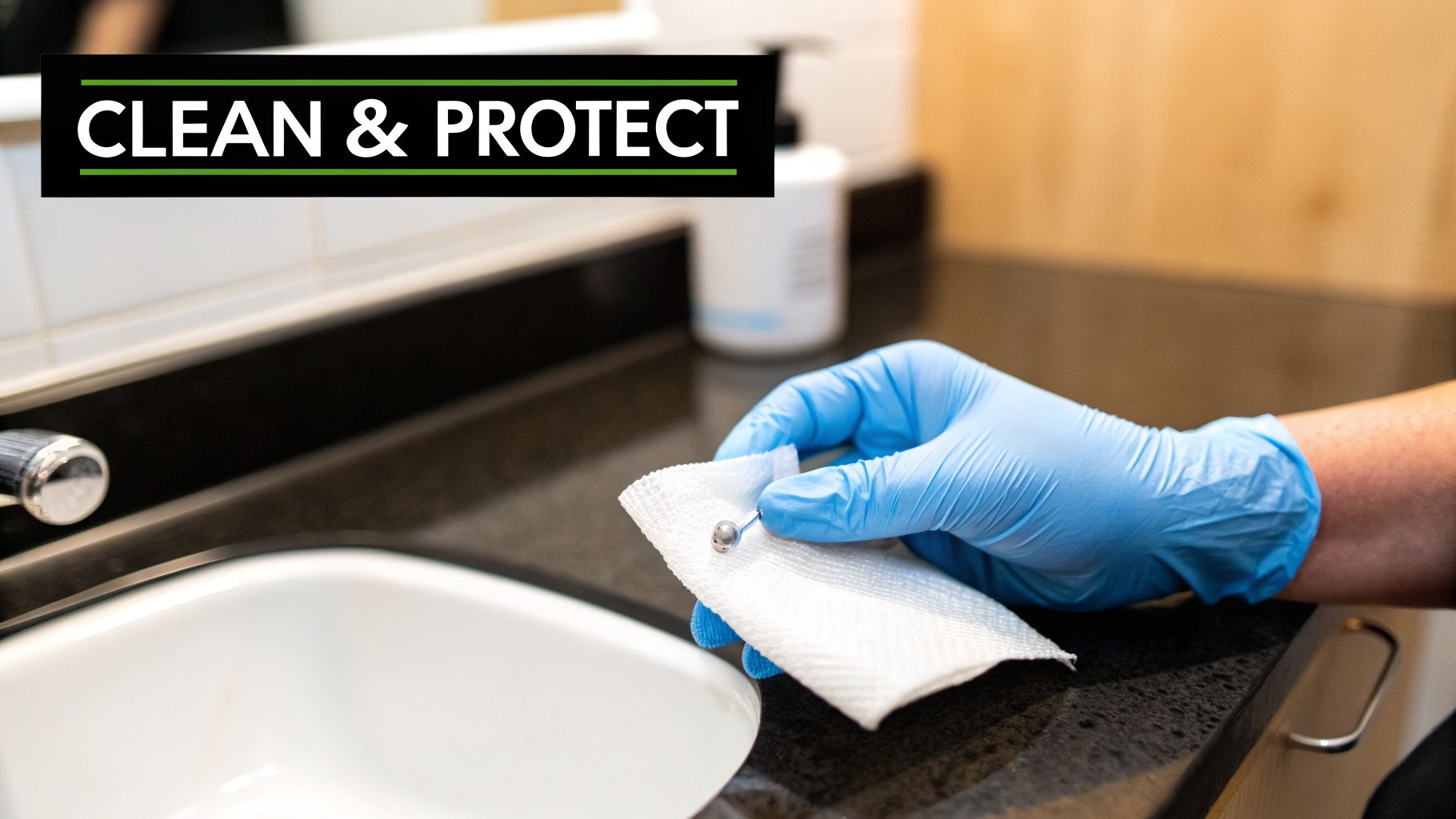 A gloved hand uses a cleaning wipe to sanitize a helix piercing above a white sink.