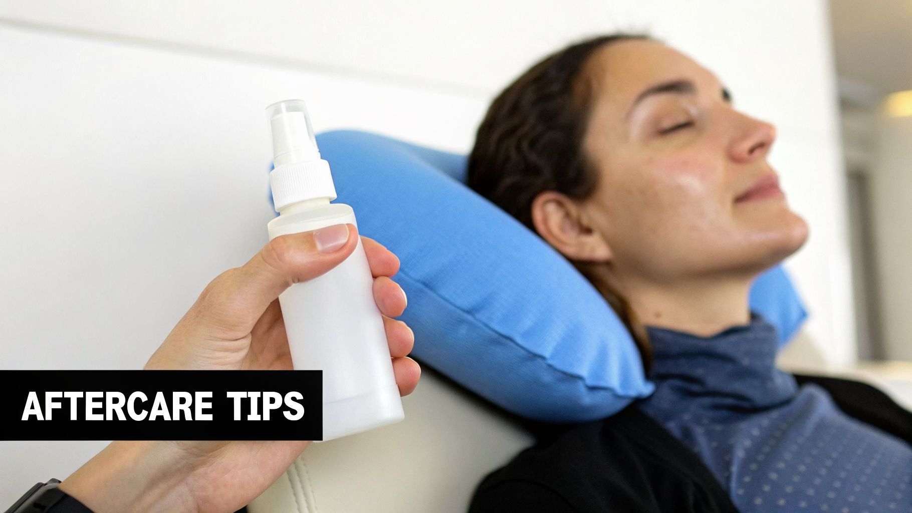 A hand holding a white spray bottle near a woman relaxing with her eyes closed on a blue pillow, indicating aftercare.