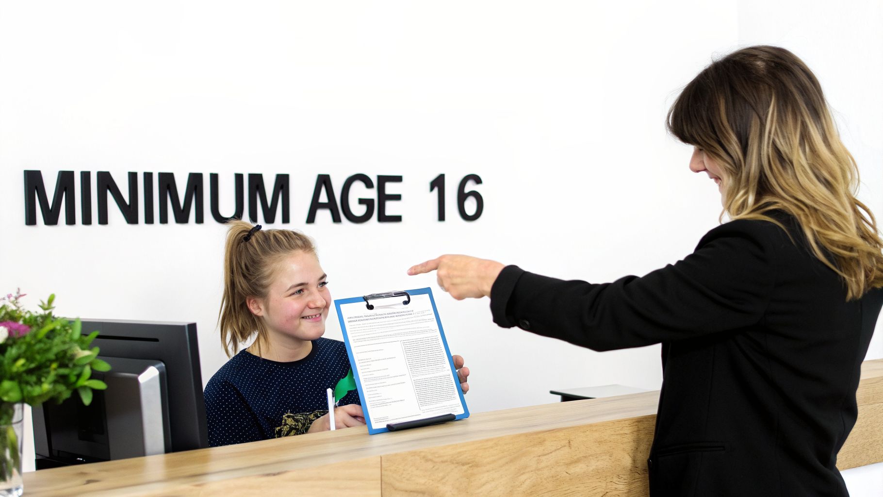 A receptionist smiles while a customer points at a document on a clipboard at a counter with "Minimum Age 16" sign.