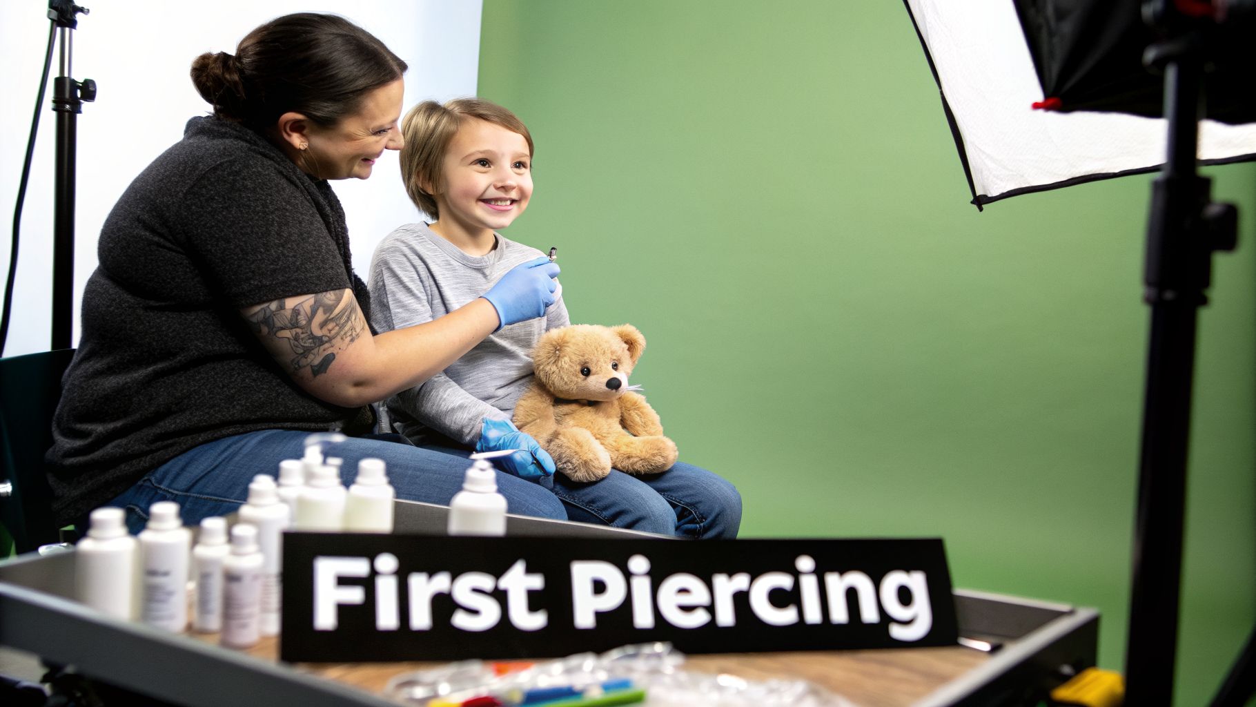 A smiling woman and happy boy, both wearing blue gloves, prepare for a first ear piercing with a teddy bear.
