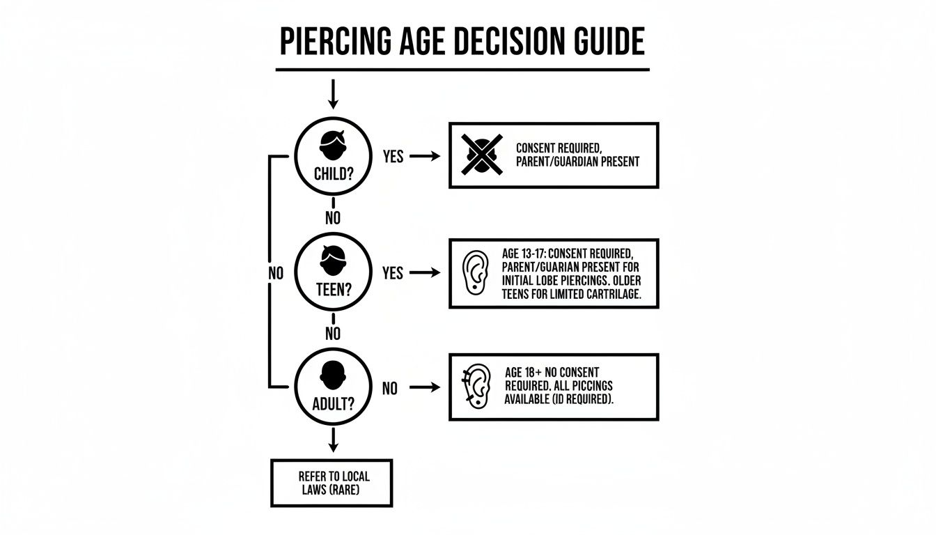 Flowchart outlining piercing age decision guide, including consent requirements for children, teens, and adults.