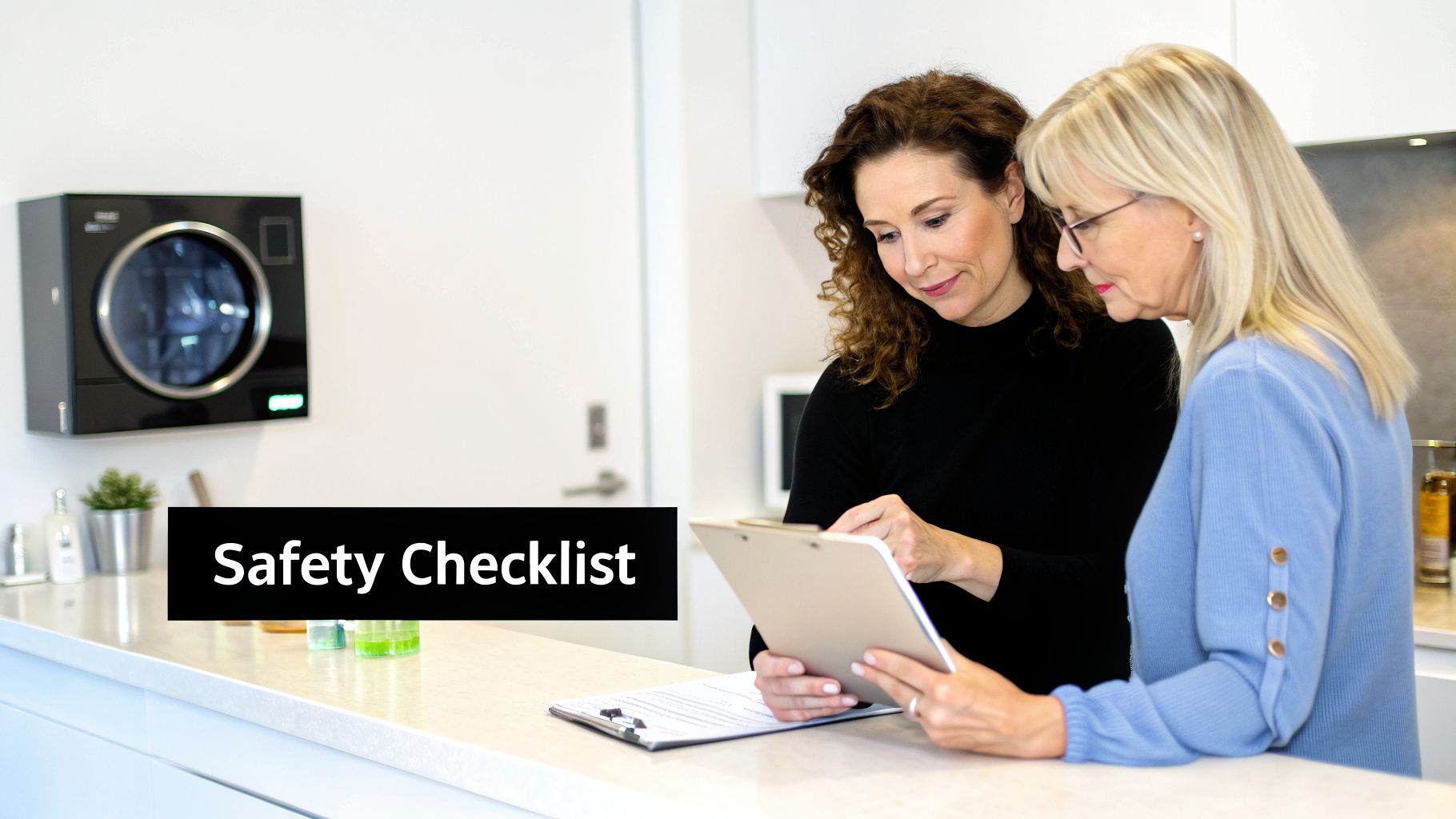 Two women review a safety checklist on a clipboard and tablet in a clean, modern lab.