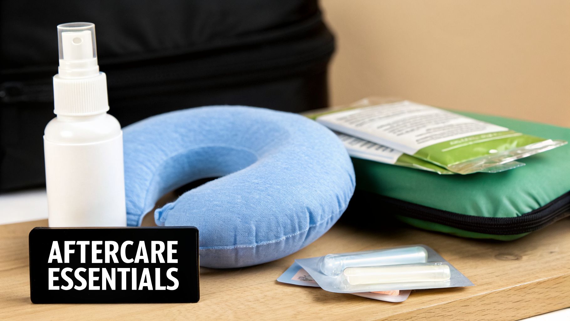 A black sign with "AFTERCARE ESSENTIALS" next to a spray bottle, neck pillow, and packaged items.