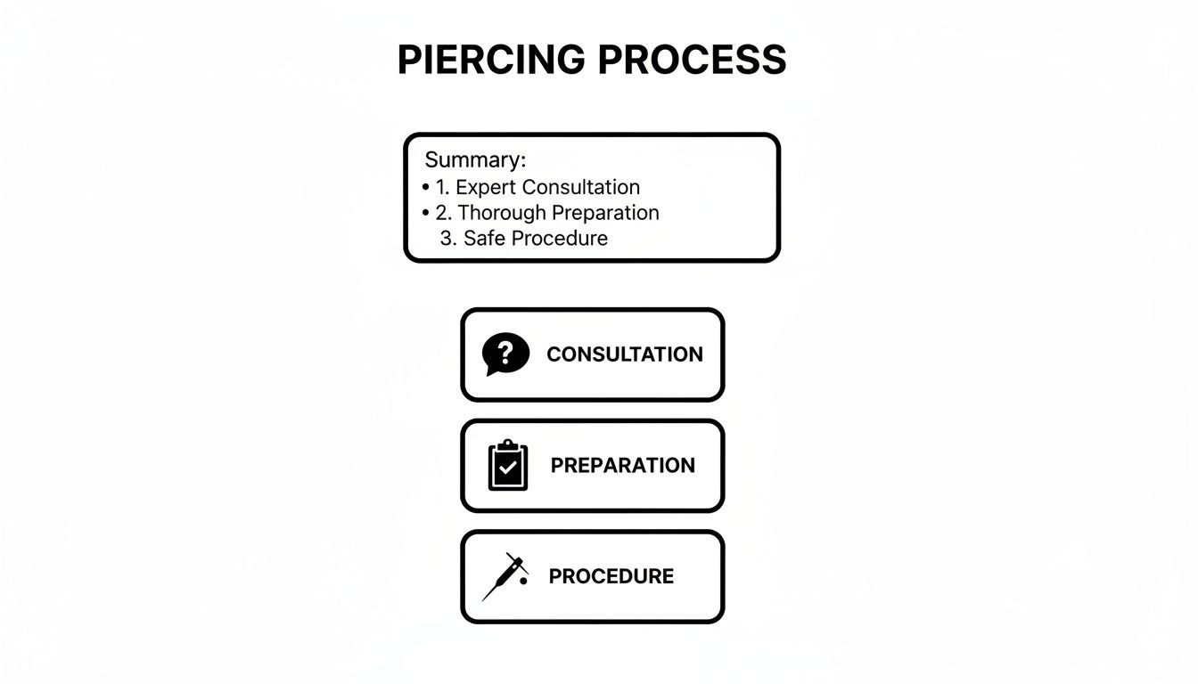 A clear flowchart outlining the three steps of the piercing process: consultation, preparation, and procedure.