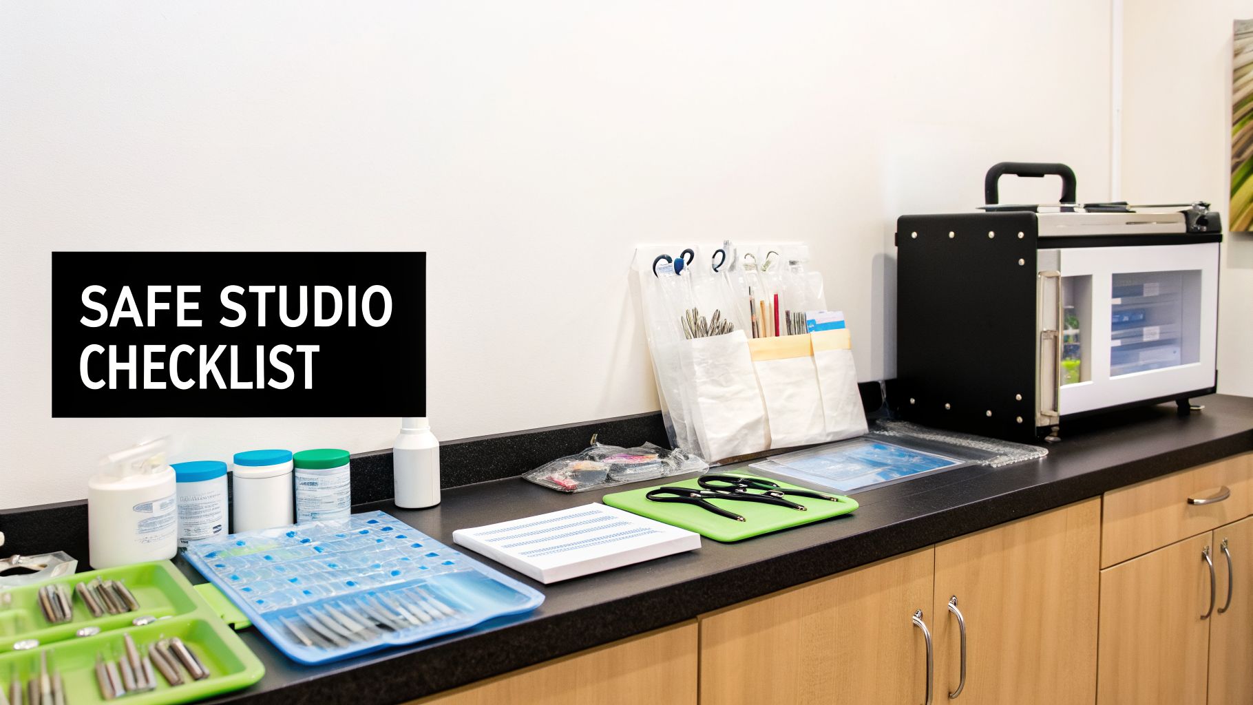 A safe studio checklist sign above a counter with various sterilized piercing and dental tools and equipment.