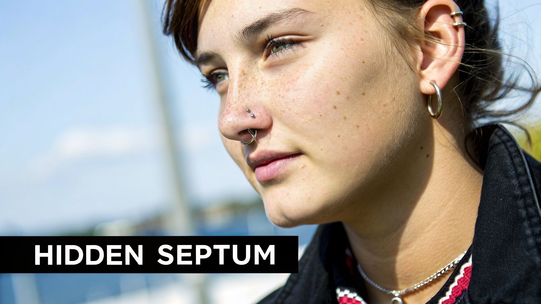 Close-up of a person with freckles and multiple facial piercings, including a subtle septum piercing and nostril studs.