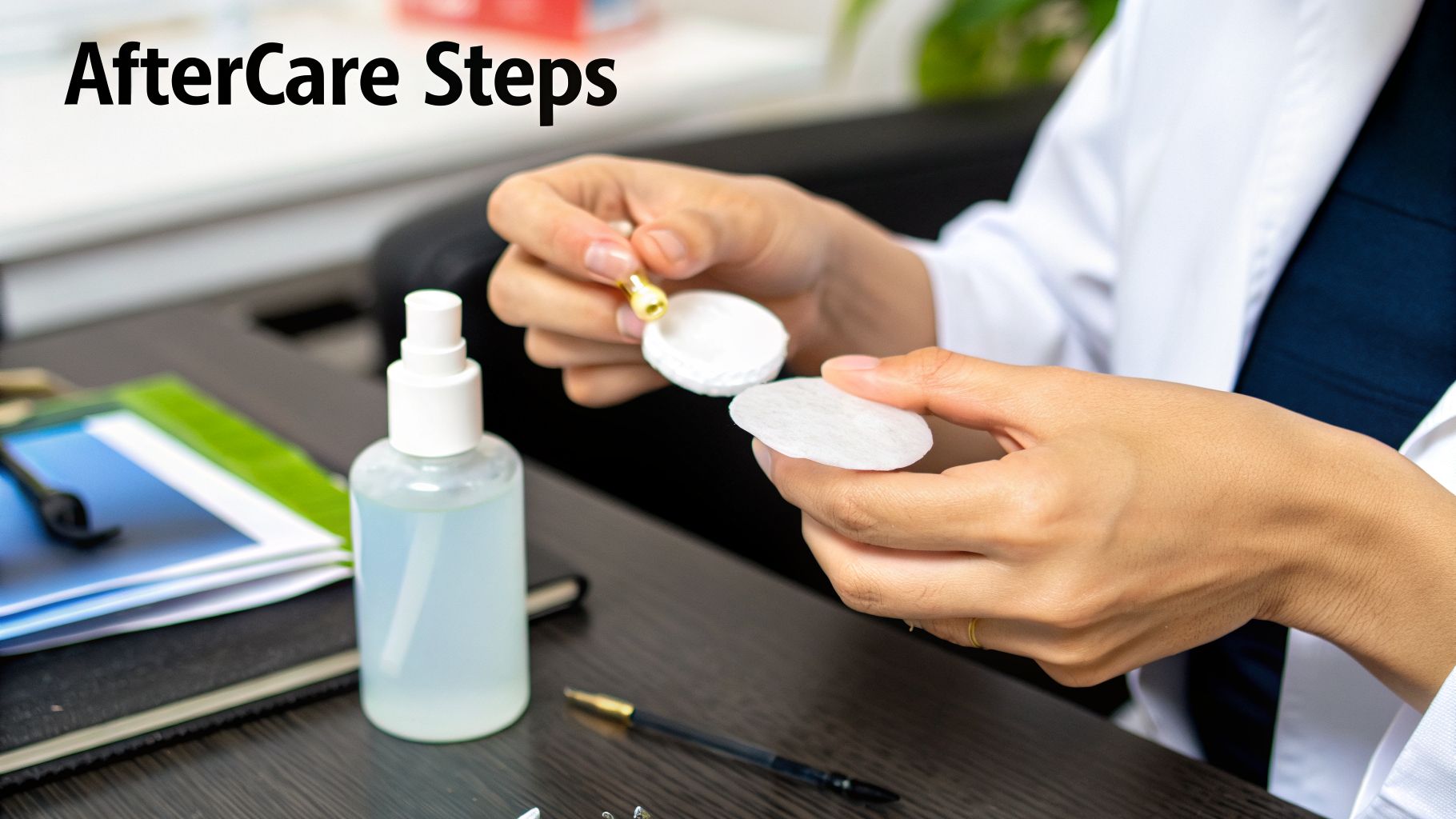 A person in a white coat holding cotton pads and an applicator for aftercare steps.
