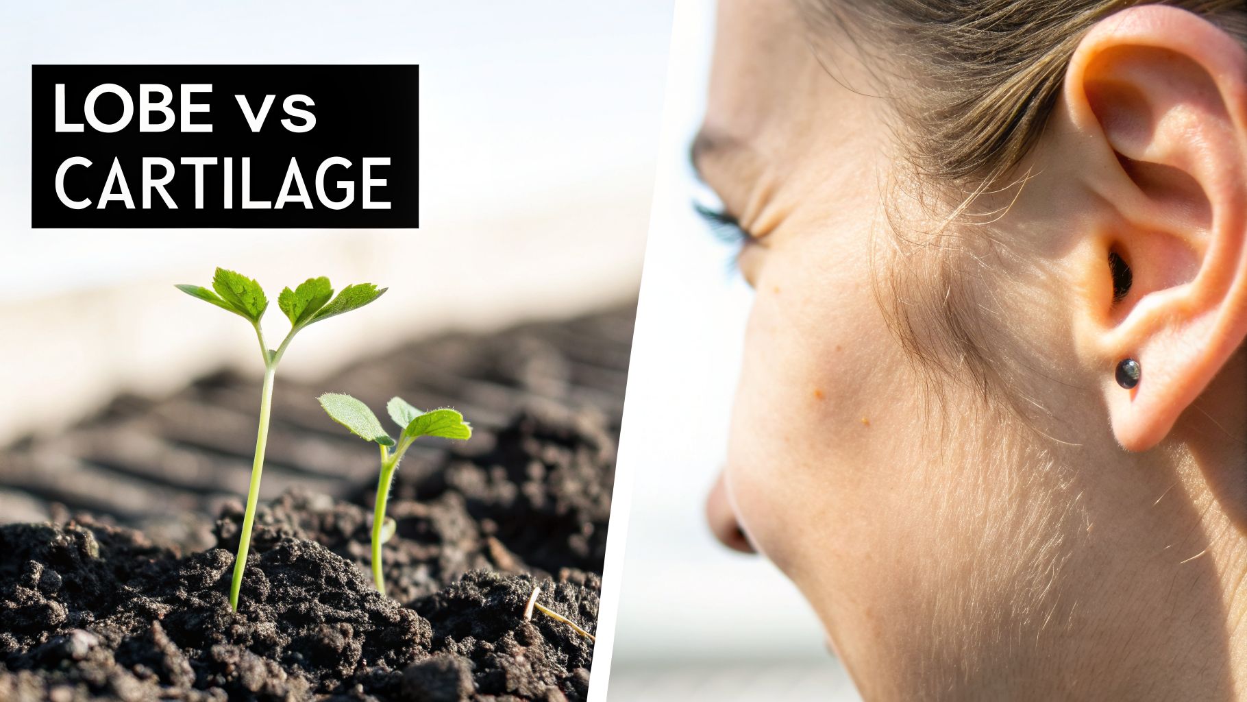 Split image featuring text 'LOBE VS CARTILAGE' above two plant sprouts, and a close-up of a person's ear with a black lobe piercing.