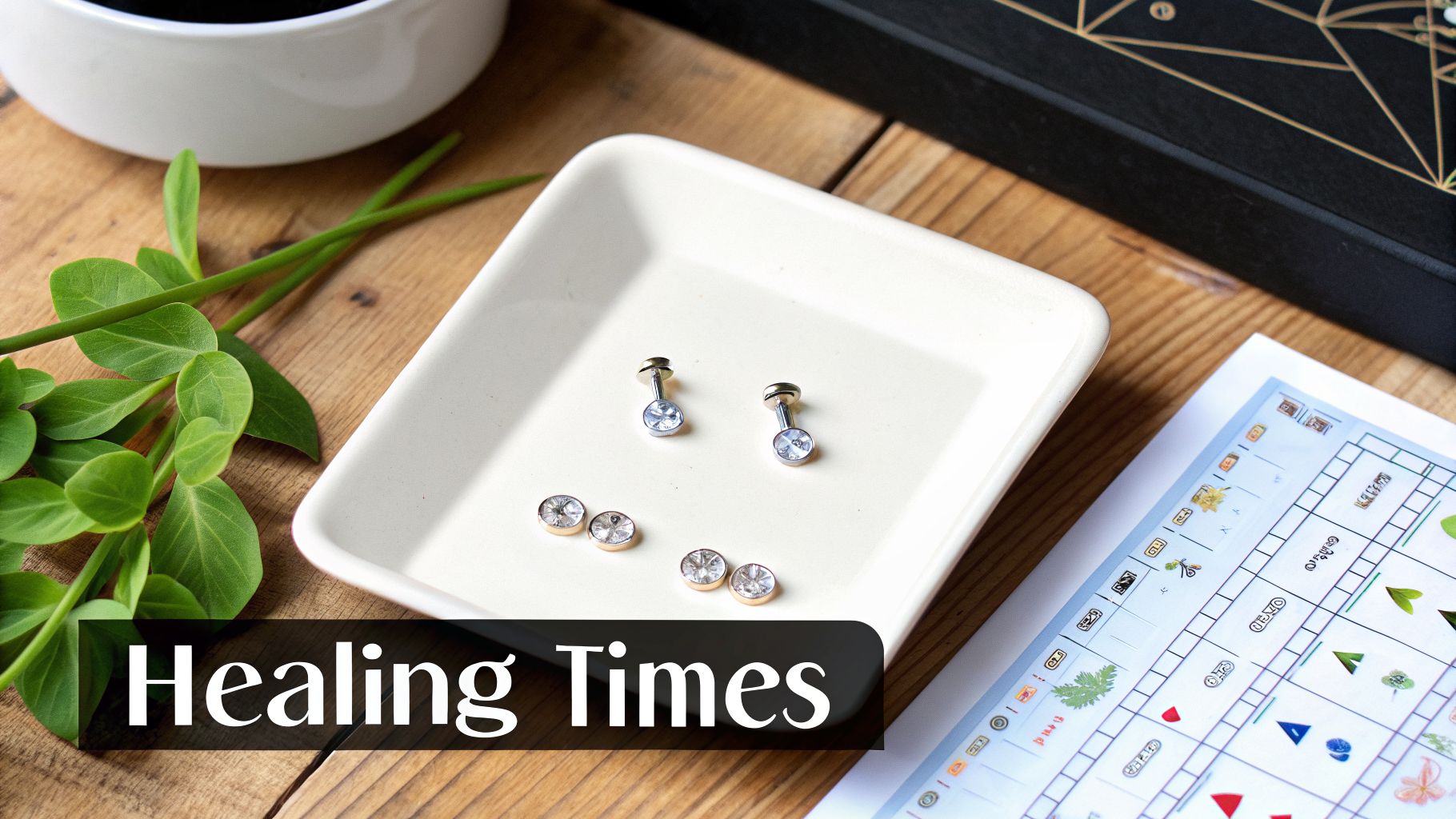 A flat lay of ear piercing jewelry on a white tray, green plant, and a chart on a wooden table.