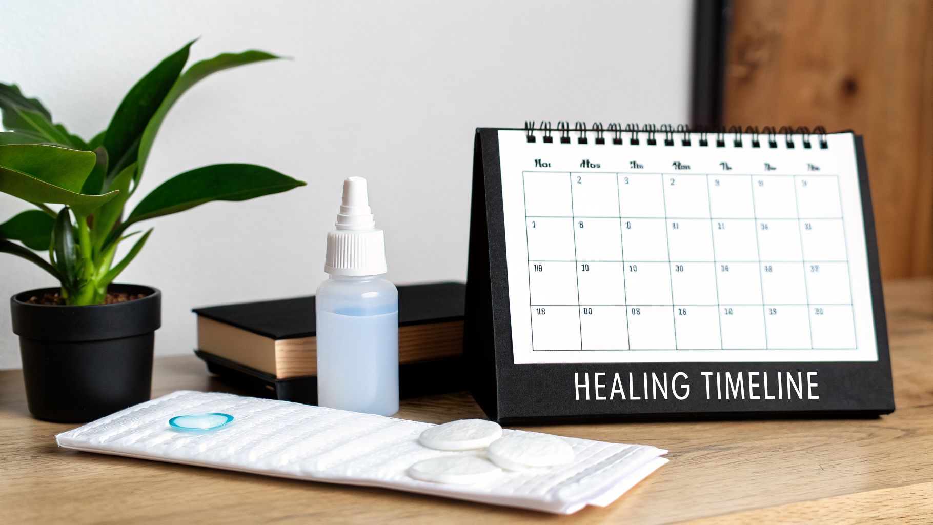 A healing timeline calendar, spray bottle, and cotton pads on a desk next to a plant and books.