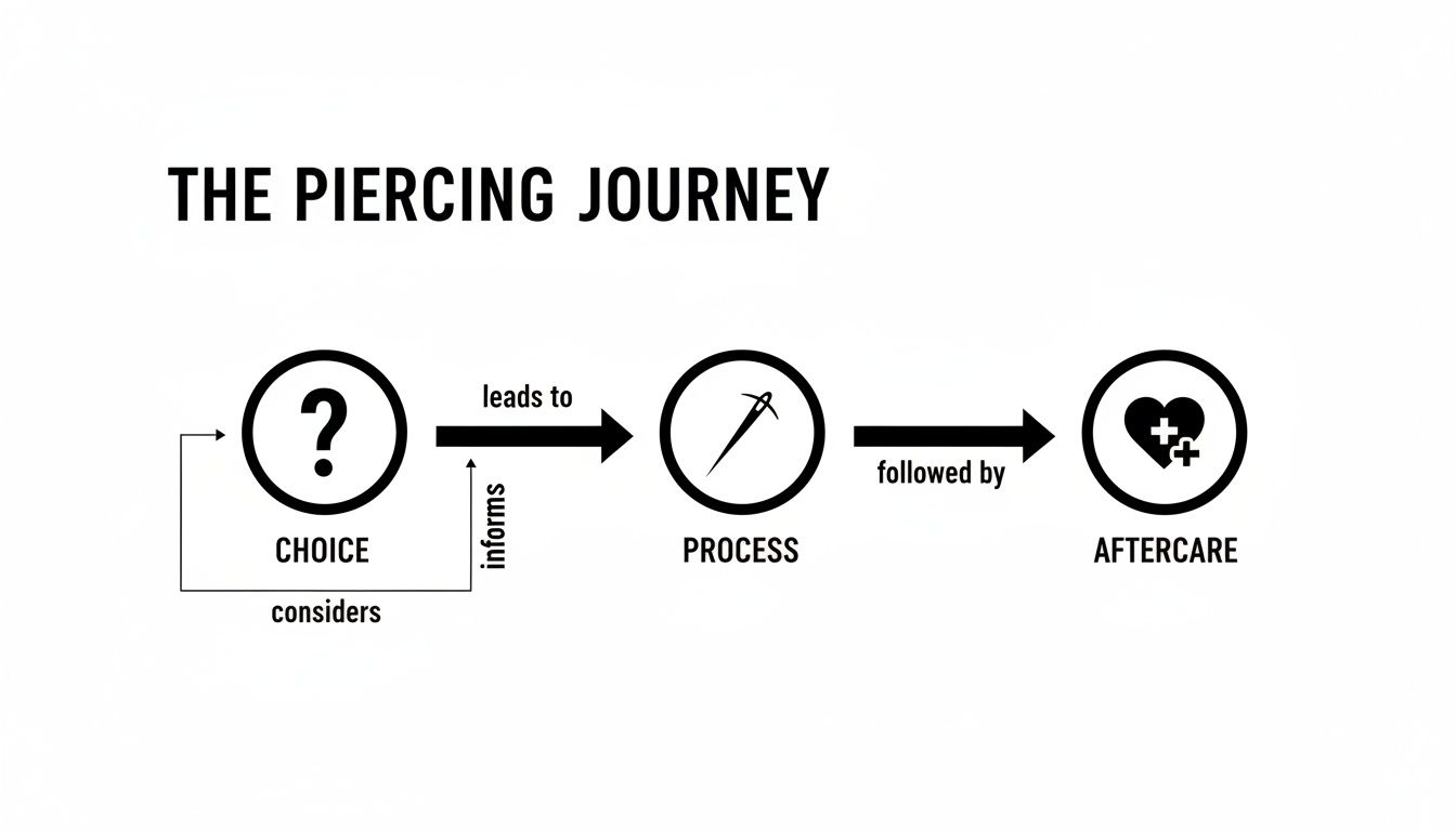 A flowchart titled 'The Piercing Journey' shows steps: Choice, Process, and Aftercare, with directional arrows.
