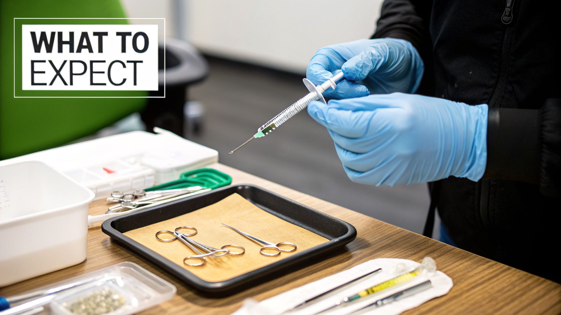 Person in blue gloves holds a syringe, surrounded by various sterile piercing tools on a table.