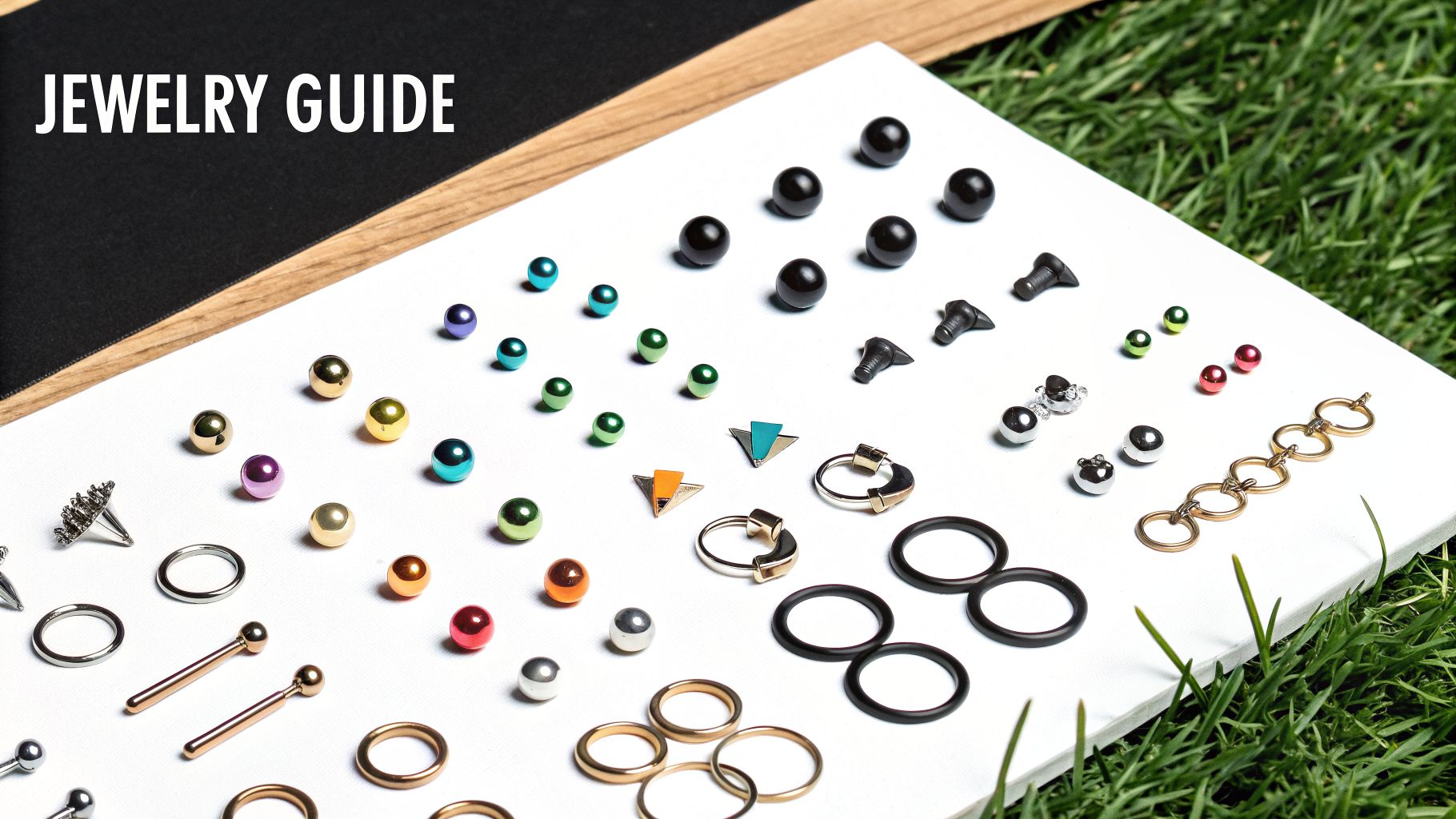 A collection of colorful and metallic jewelry pieces, including studs, rings, and decorative charms, laid out on a white surface.