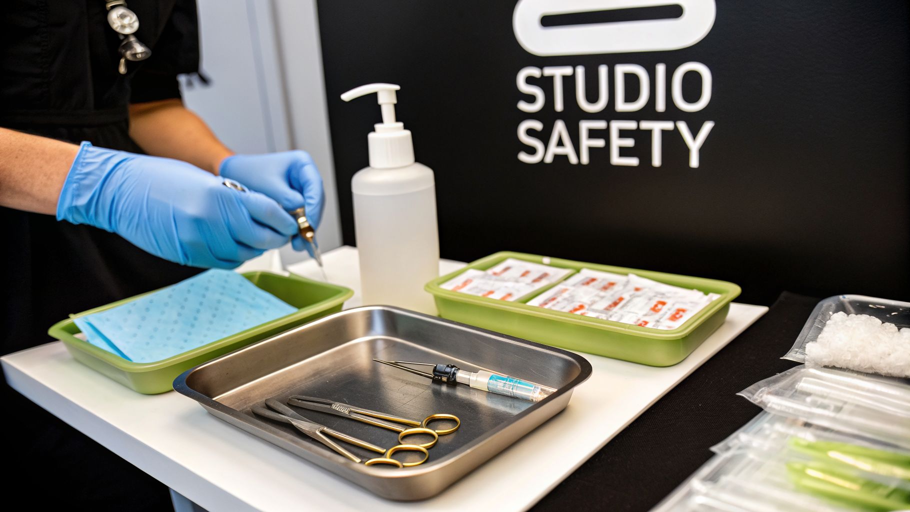 Person in blue gloves preparing sterile piercing tools on a table with a 'Studio Safety' sign.