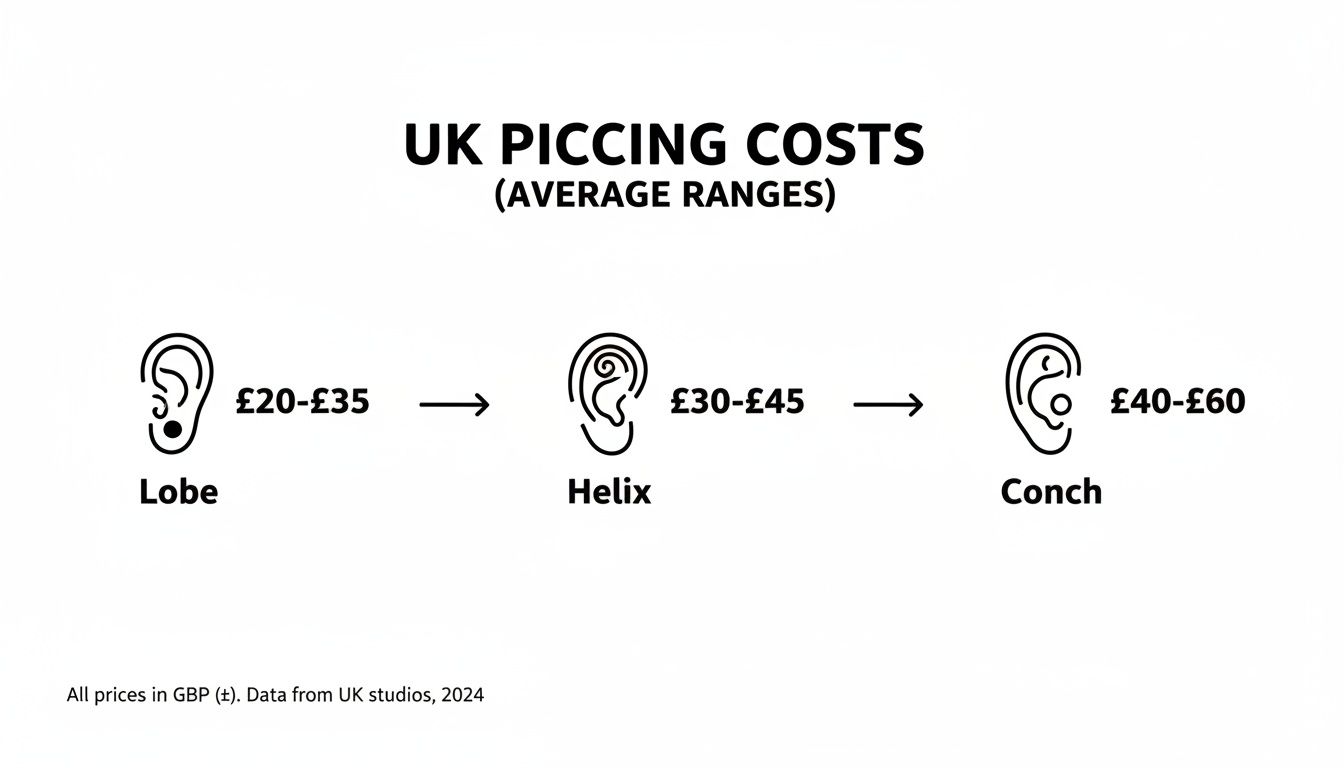 Infographic displaying average UK ear piercing costs for lobe, helix, and conch in 2024.
