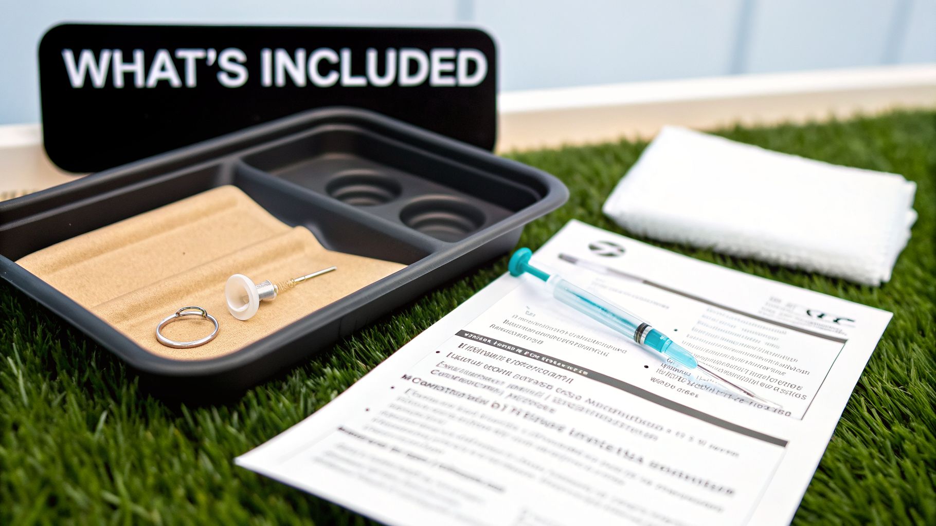A kit displayed on artificial grass, including a piercing ring, tools, syringe, instructions, and wipes.