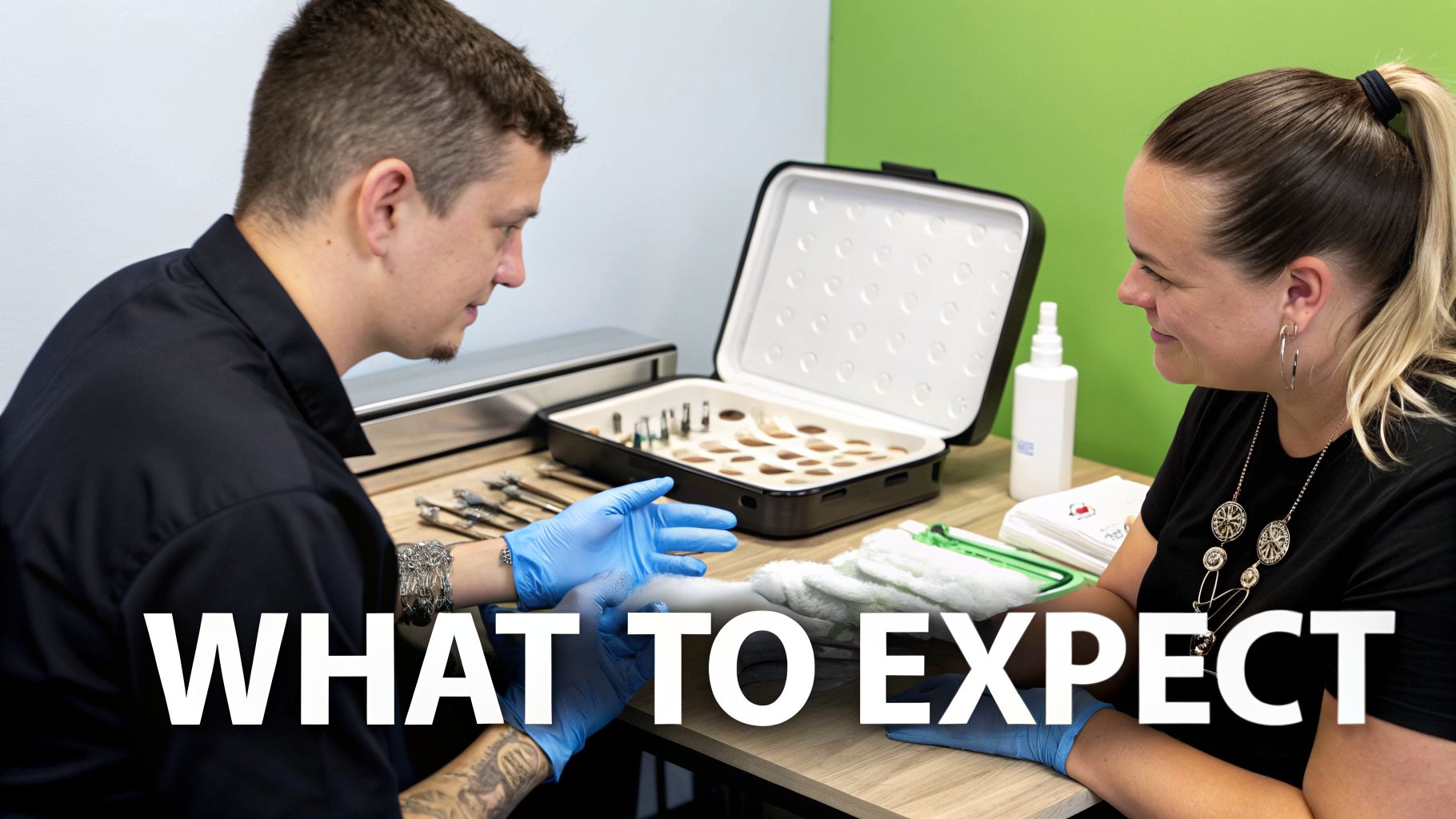 A male piercer, wearing gloves, explains the process to a female client at a desk with tools.