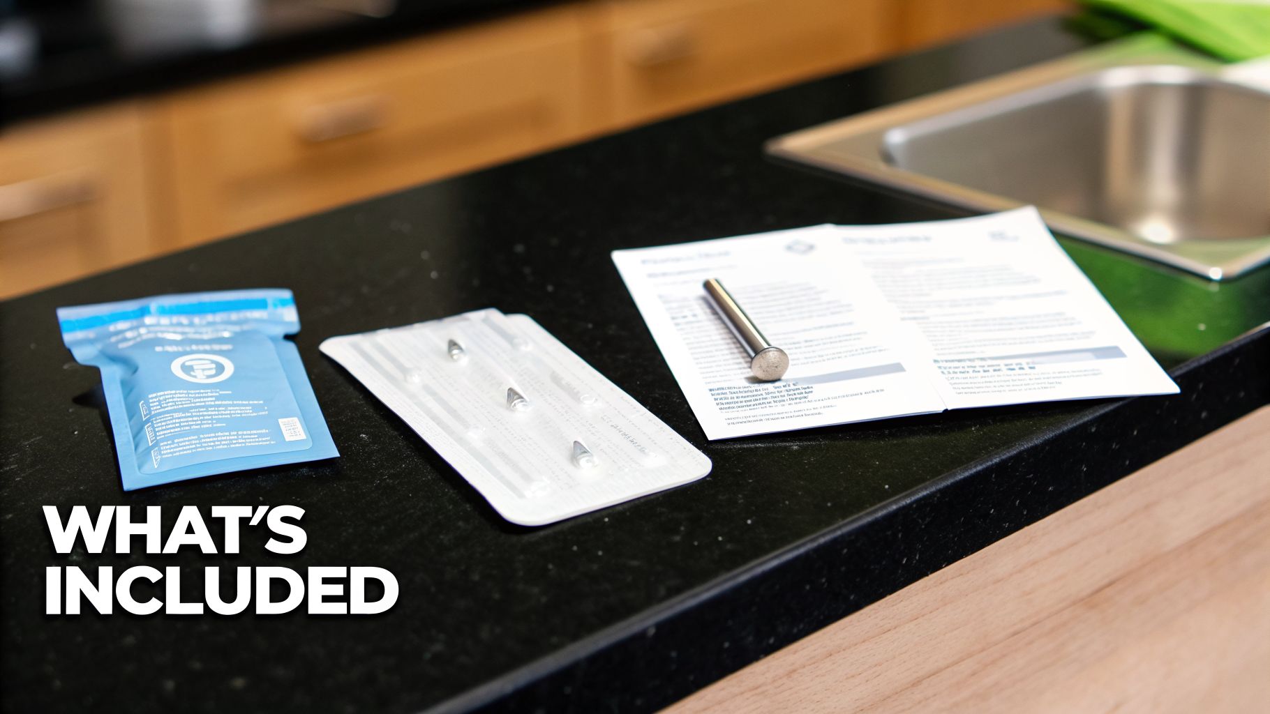 Close-up of a piercing kit with a blue pouch, blister pack, metal rod, and instructions.