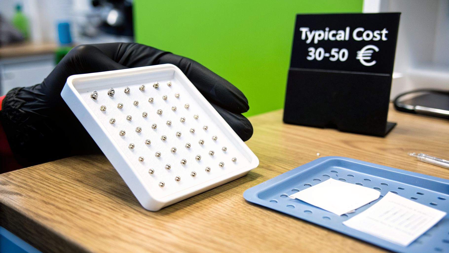 A gloved hand holds a white tray of silver piercing studs next to a sign displaying typical costs.