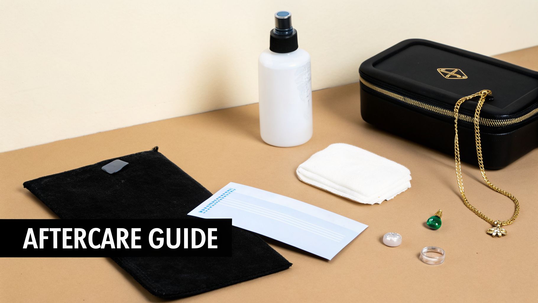 A comprehensive jewelry aftercare kit with cleaning spray, cloths, guide, and various jewelry pieces on a brown surface.