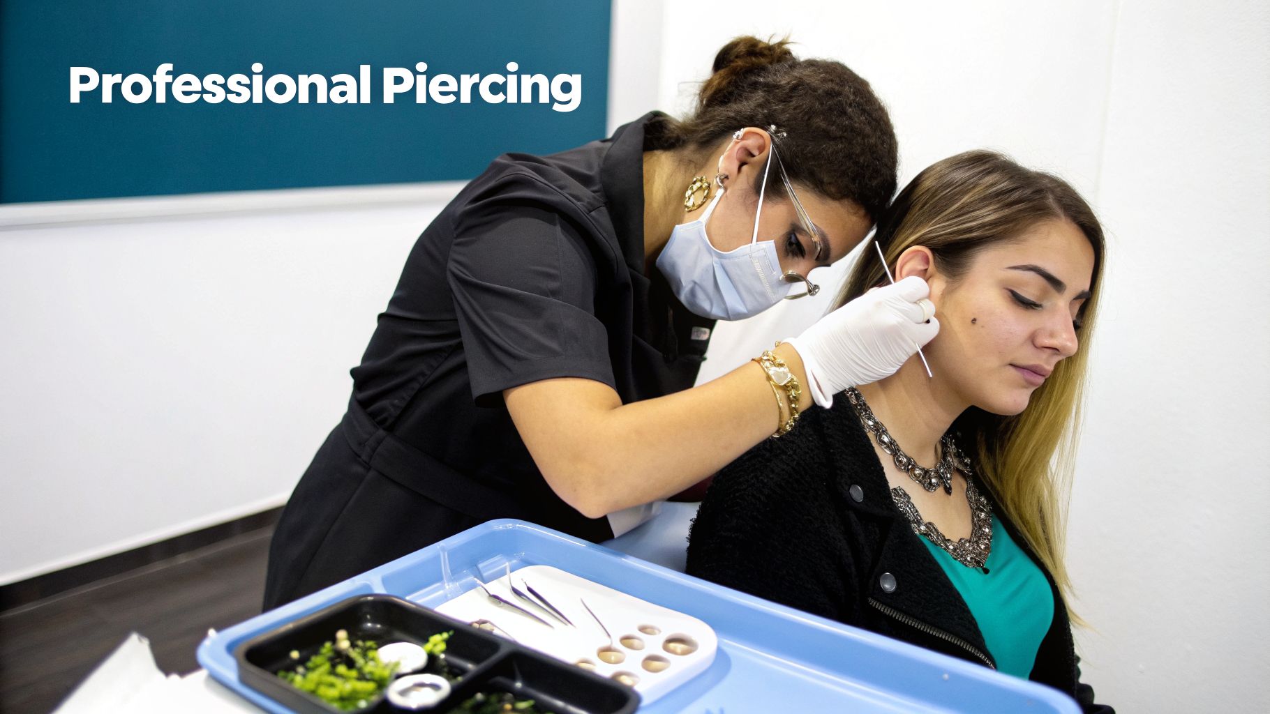 A professional piercer carefully performs an ear piercing on a young woman, with sterile tools nearby.