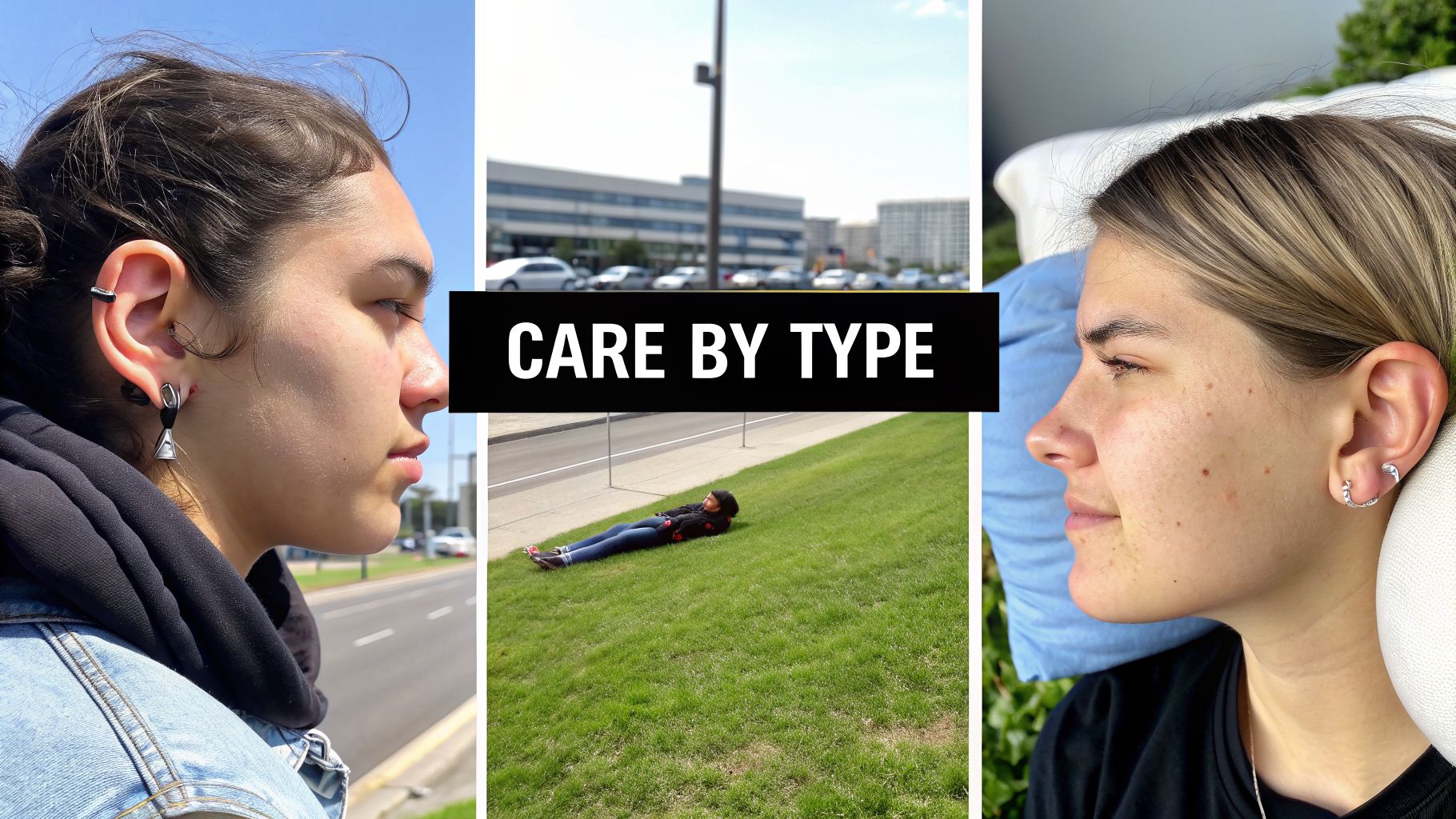 A triptych of images showing two different people with ear piercings, and text “CARE BY TYPE”.