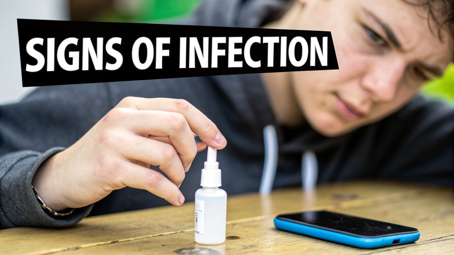 A person holding a small white bottle, possibly for treatment, with a smartphone nearby, indicating signs of infection.