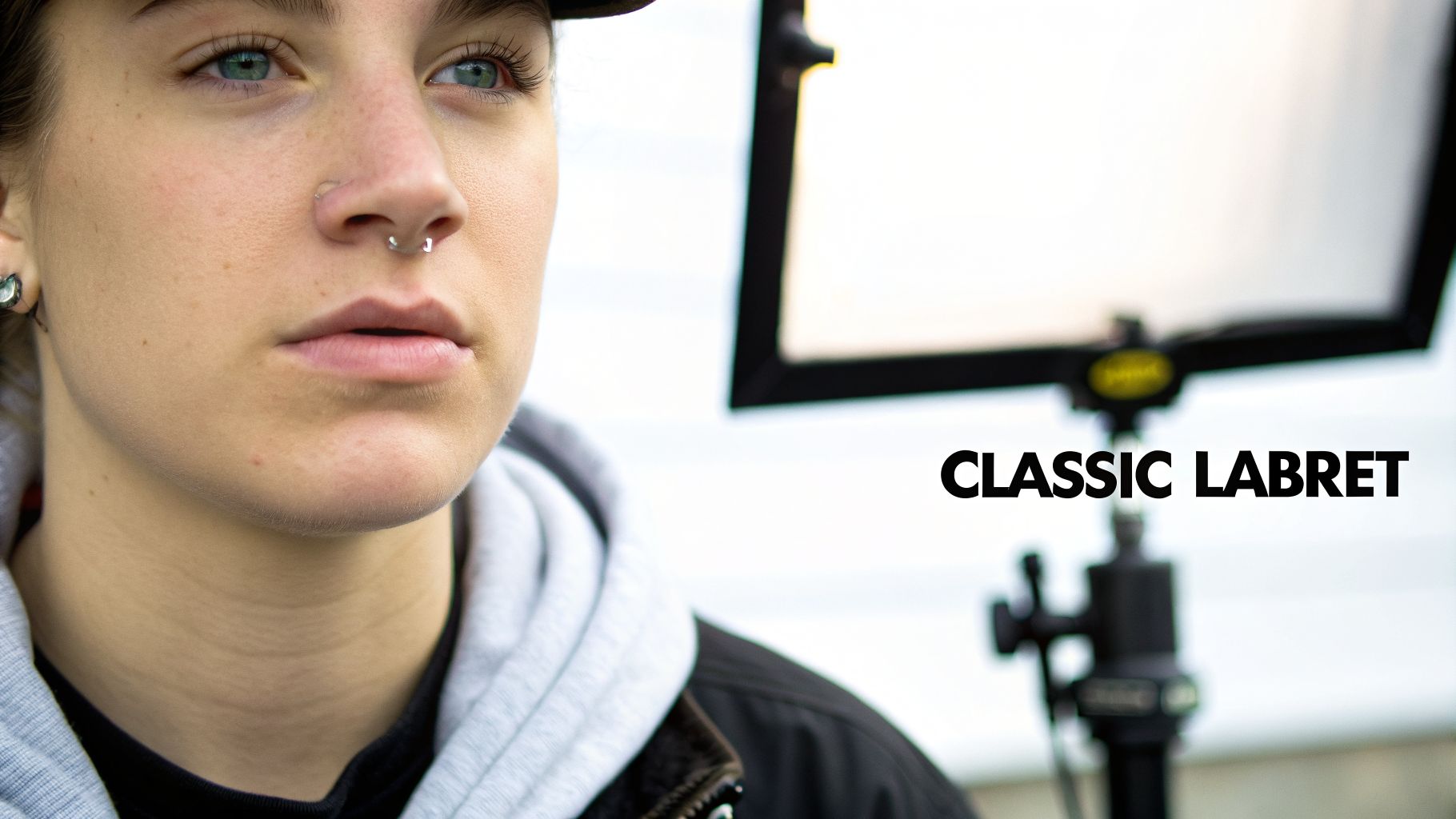 Close-up of a person with septum and ear piercings, wearing a hoodie, with 'CLASSIC LABRET' text.