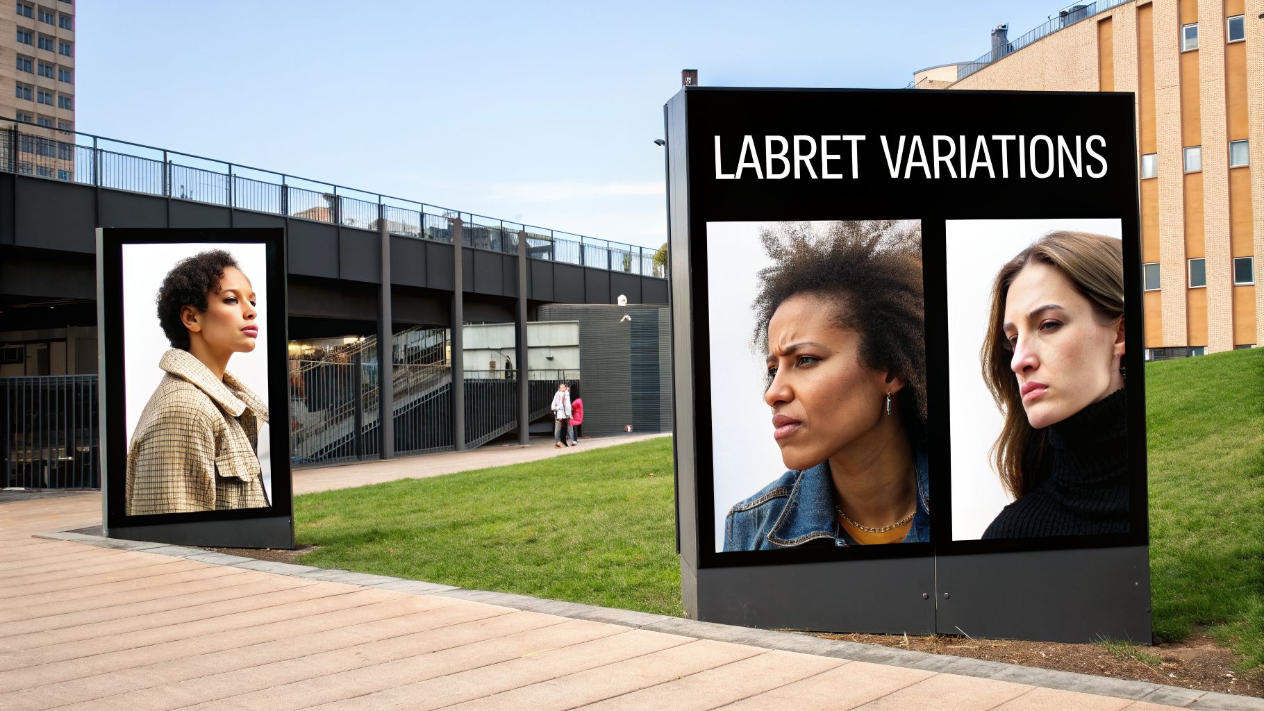 Two outdoor billboards display portraits of women, one titled 'LABRET VARIATIONS', in an urban setting.