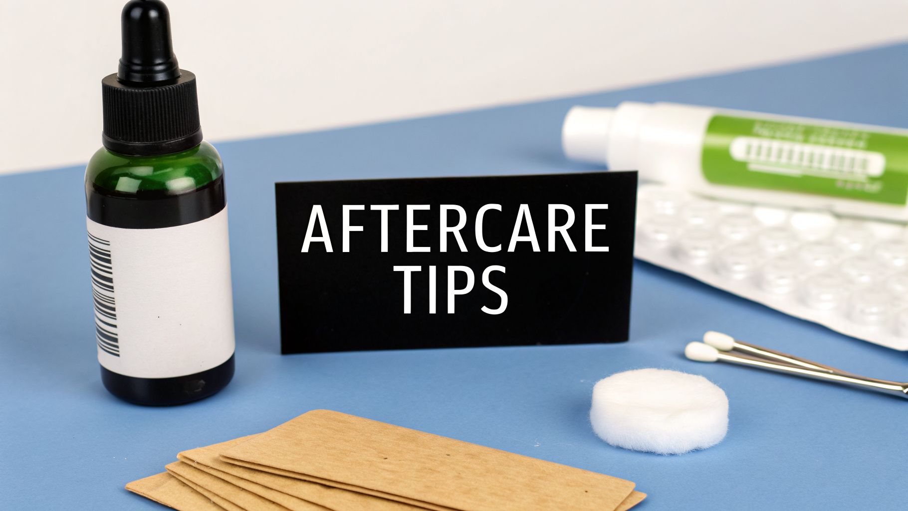 Medical aftercare supplies with a dropper bottle, ointment, cotton, and an 'AFTERCARE TIPS' sign.