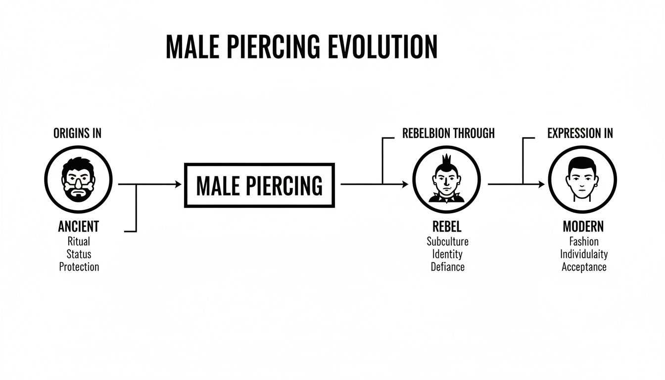 Diagram illustrates the evolution of male piercing from ancient rituals to modern self-expression.