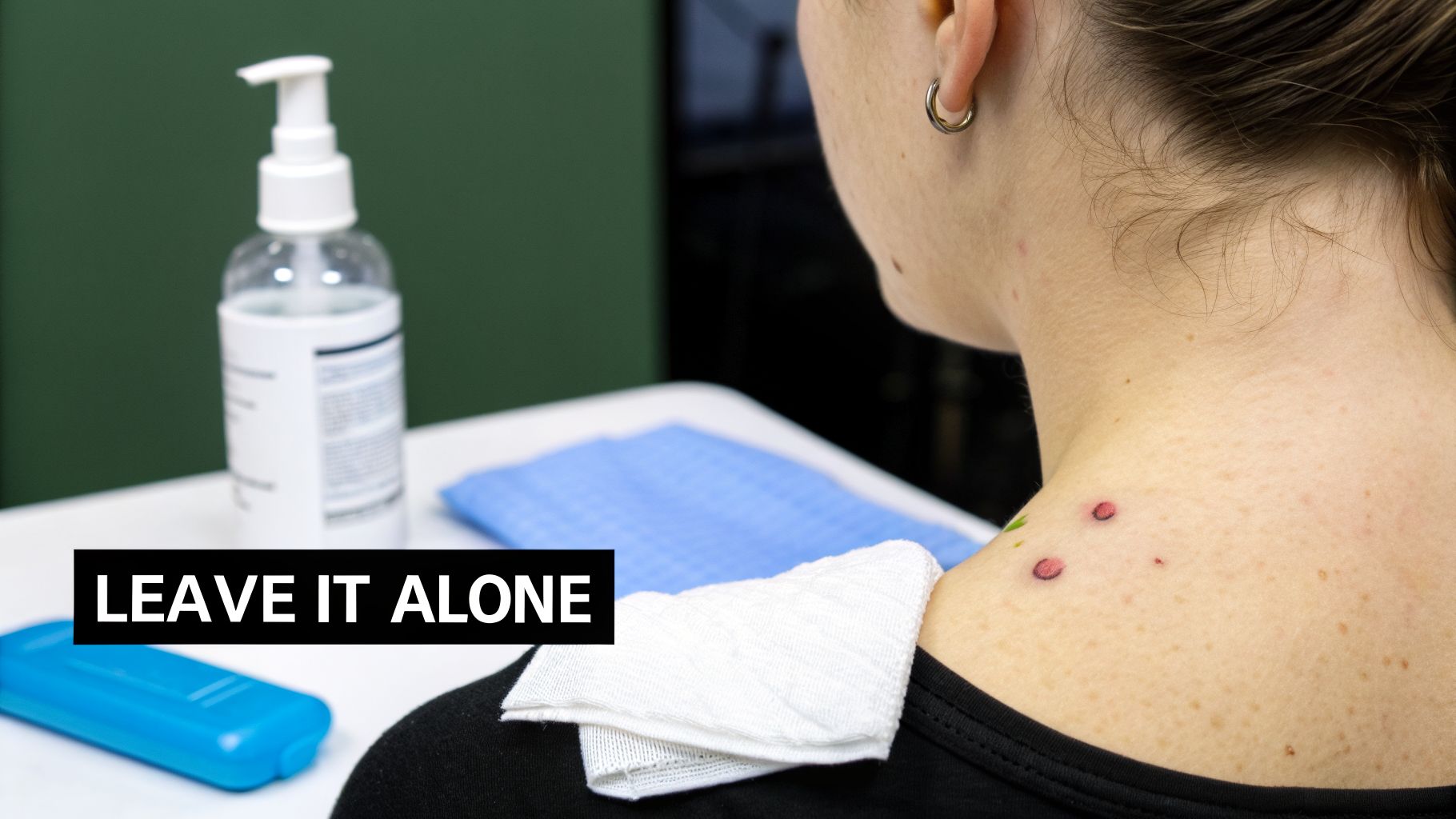 Back of a person's shoulder displaying three red marks from microdermal anchor piercings, with aftercare items.