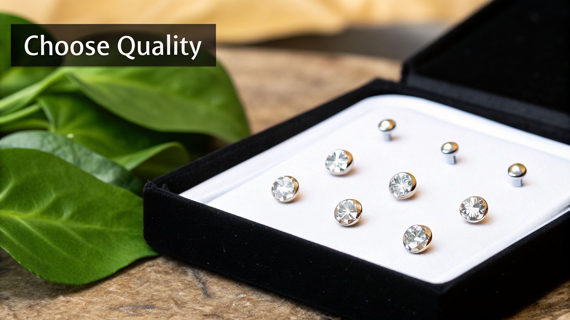 High-quality microdermal piercing tops, some gem-studded, neatly arranged in a black velvet box.