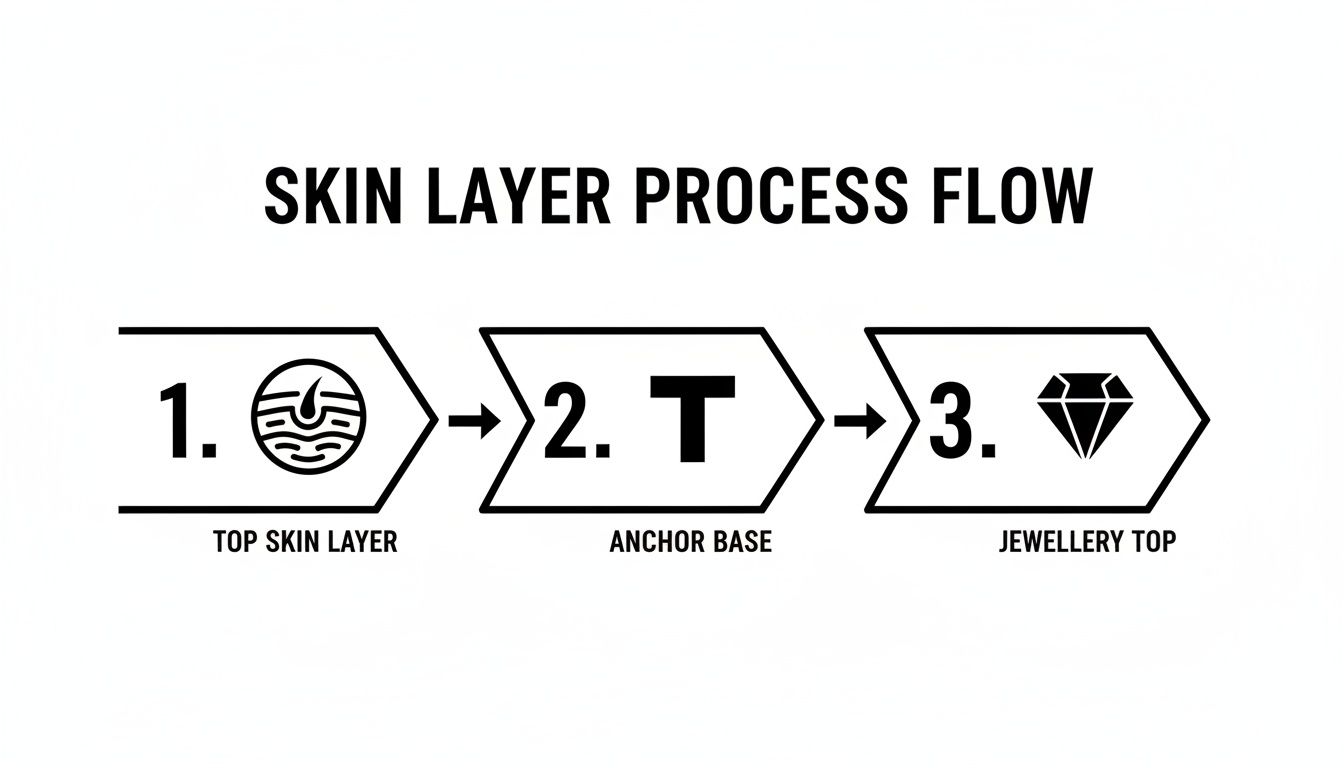 A three-step diagram illustrates the microdermal piercing process: top skin layer, anchor base, and jewellery top.