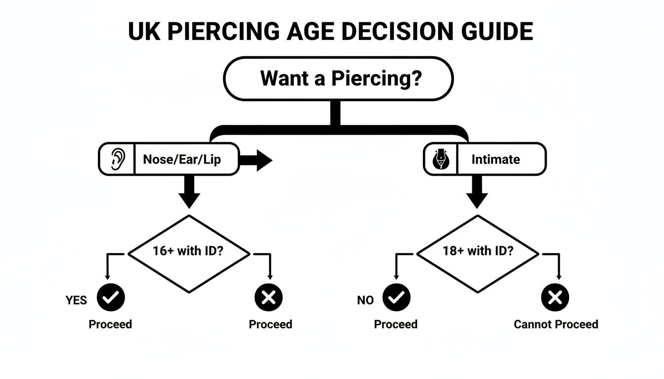 Flowchart detailing UK piercing age requirements: 16+ for nose, ear, lip; 18+ for intimate.