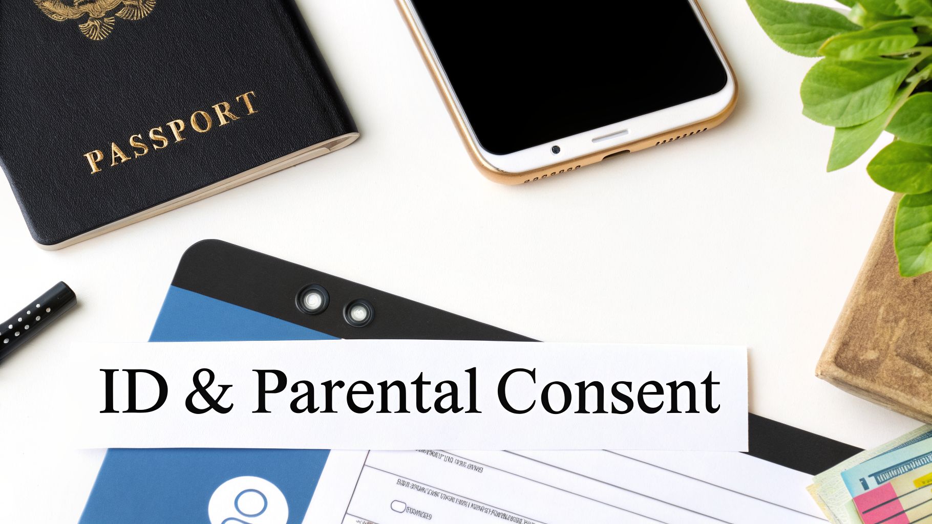 A flat lay displays a passport, smartphone, pen, documents, and a sign 'ID & Parental Consent'.