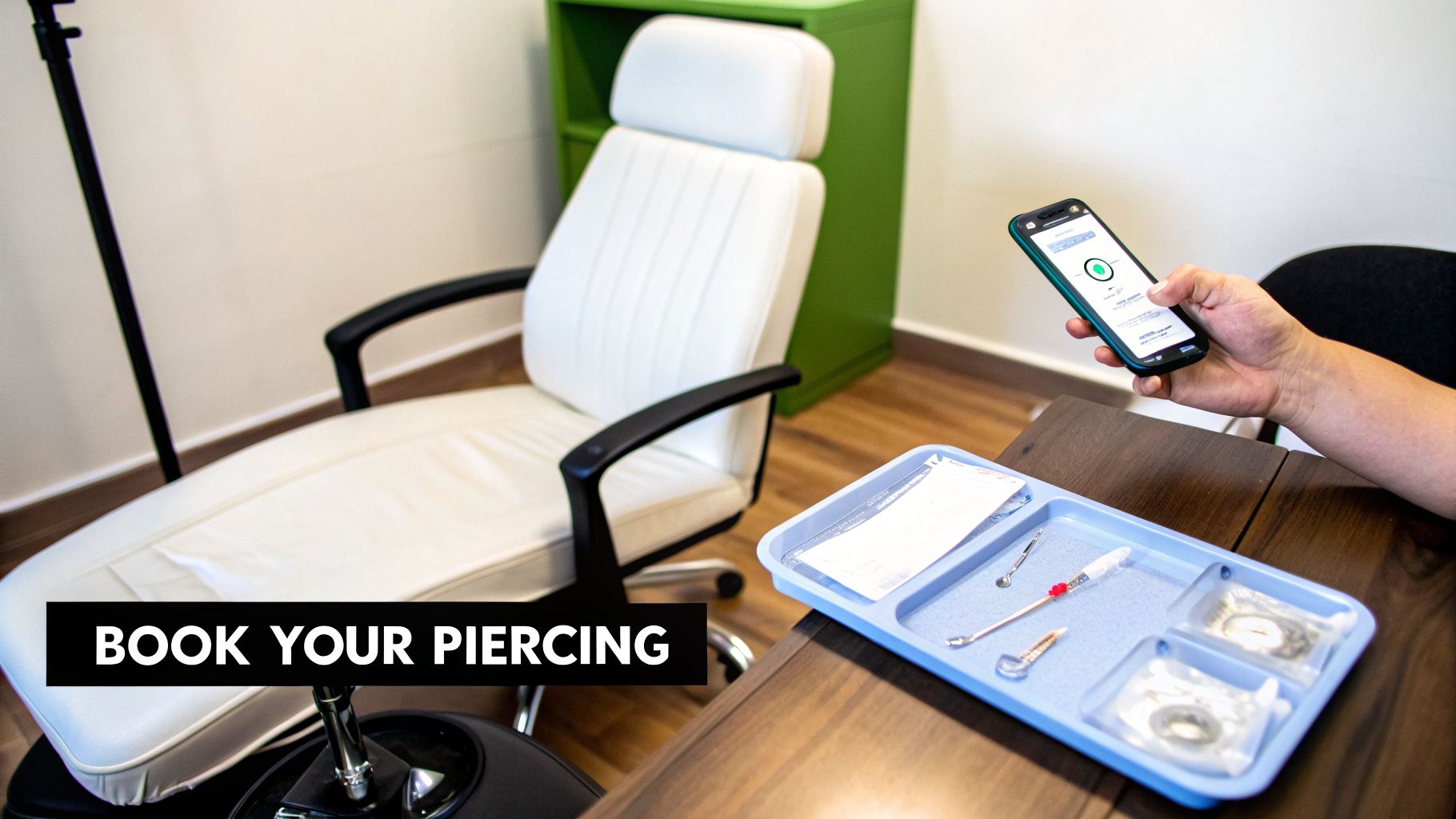 A person's hand holds a smartphone in a modern piercing studio with tools and a white recliner chair.