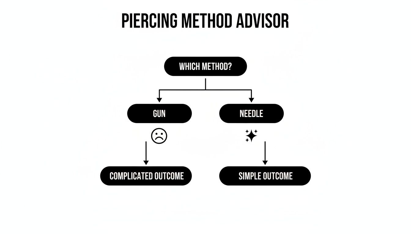 A flowchart titled 'Piercing Method Advisor' comparing gun and needle piercing outcomes. Gun leads to complicated outcomes, needle to simple outcomes.