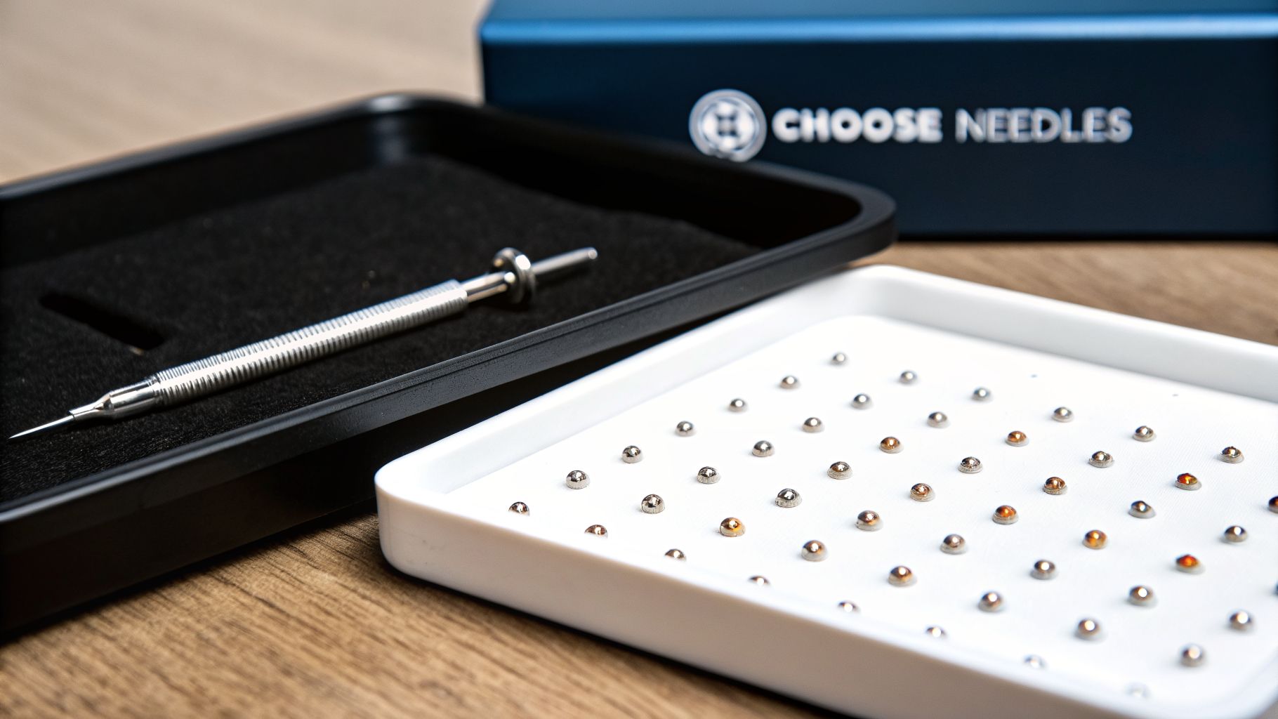 Close-up of a needle tool in a black case and a tray of small, colorful piercing studs.