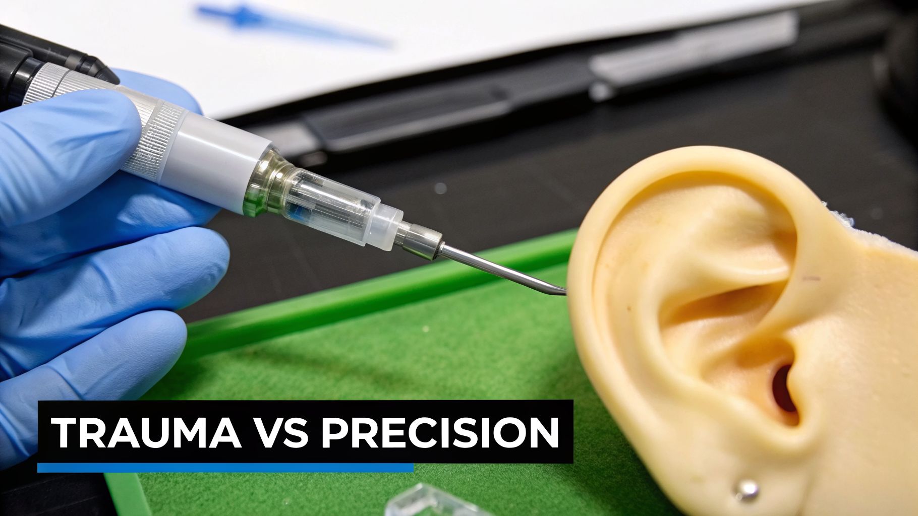 A gloved hand uses a precision needle near a realistic ear model, illustrating the concept of trauma versus precision.