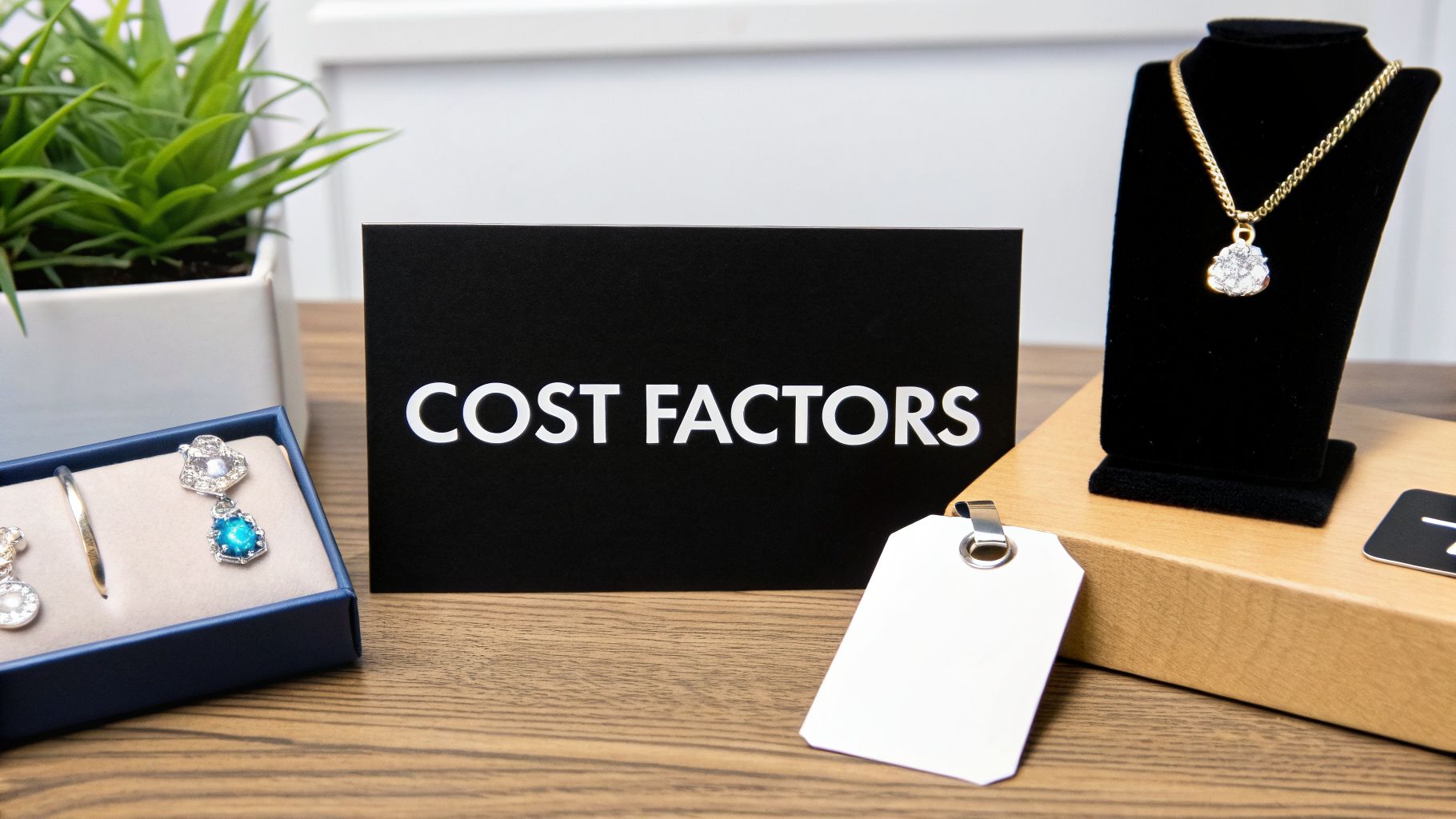 A black sign displaying 'COST FACTORS' on a wooden desk, surrounded by jewelry and a blank price tag.