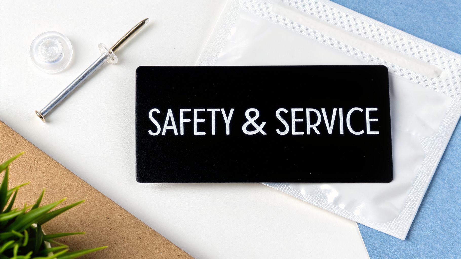 Black card with 'SAFETY & SERVICE' on a desk with office supplies and a plant.