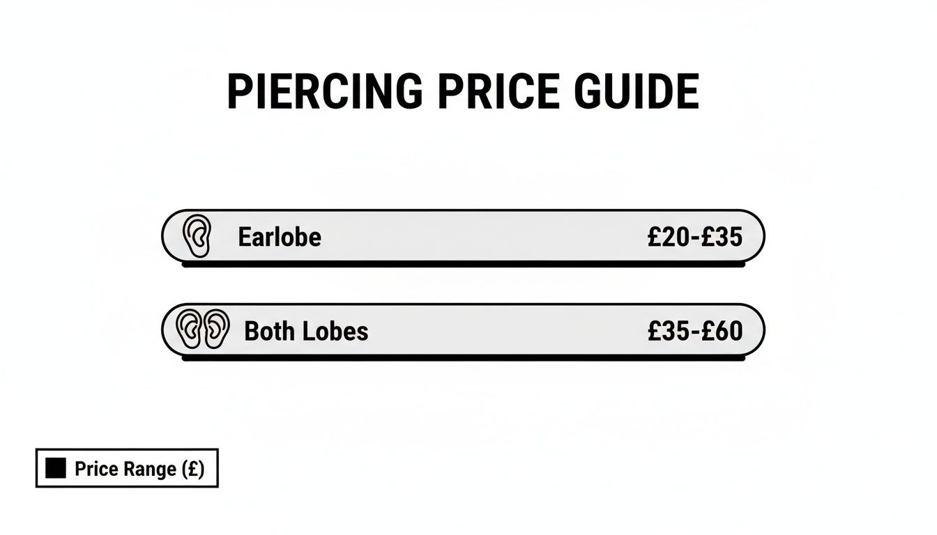 A black and white image displaying a piercing price guide with costs for earlobe and both lobes.