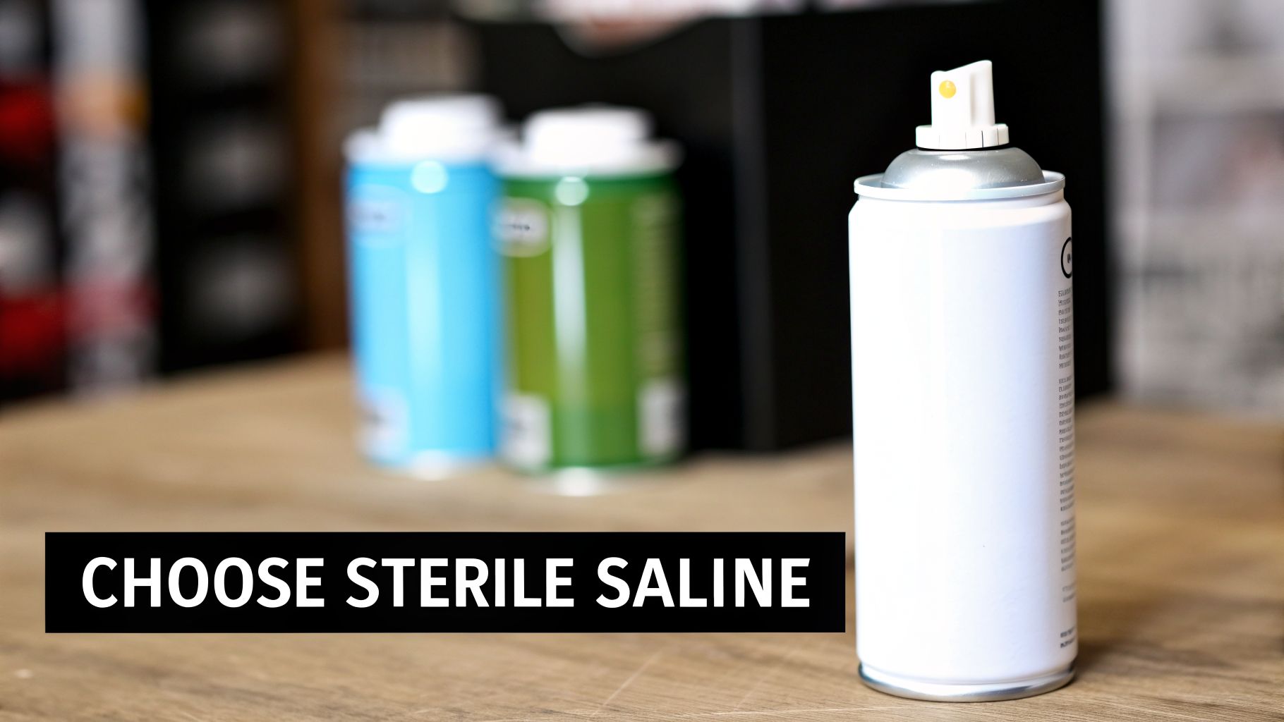 A white spray can of sterile saline is in focus on a wooden table, with two blurry cans behind it.