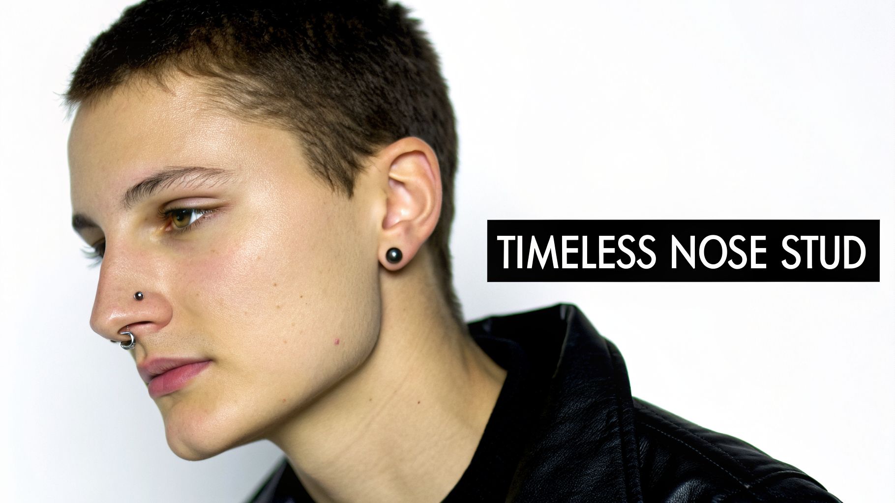 A person's profile with a nose stud, a septum ring, and an ear piercing.