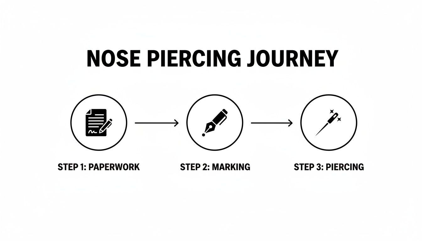 A three-step diagram illustrating the nose piercing journey: paperwork, marking, and the actual piercing process.