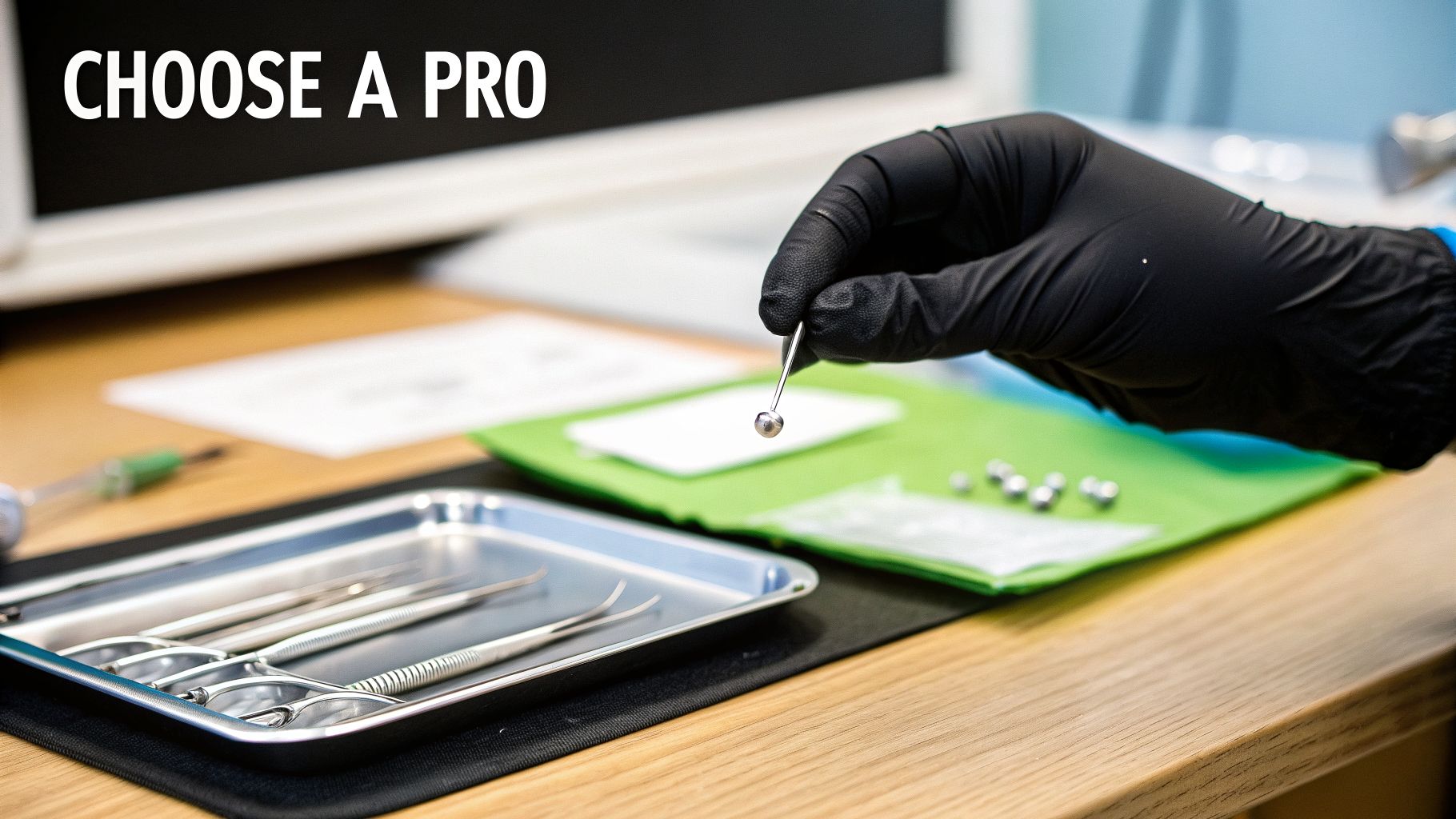A gloved hand holds a silver piercing stud, with professional tools laid out on a table.