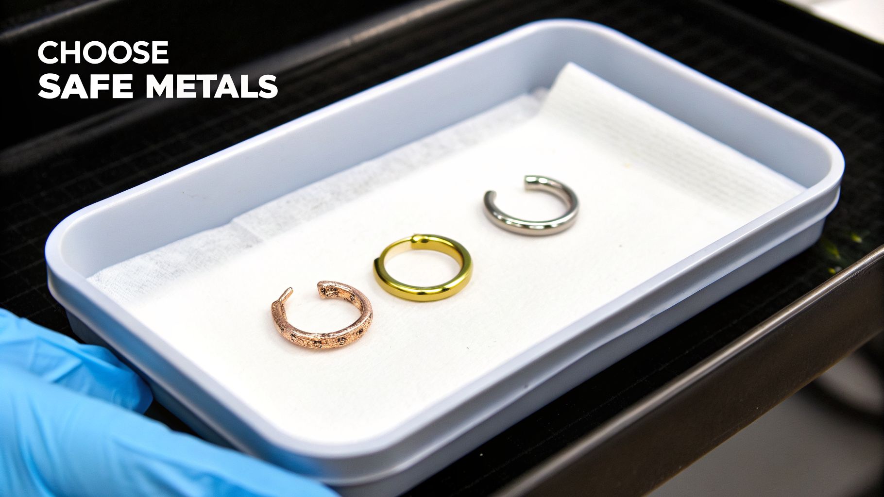 A gloved hand holds a tray with three huggie earrings in rose gold, gold, and silver, advocating safe metals.