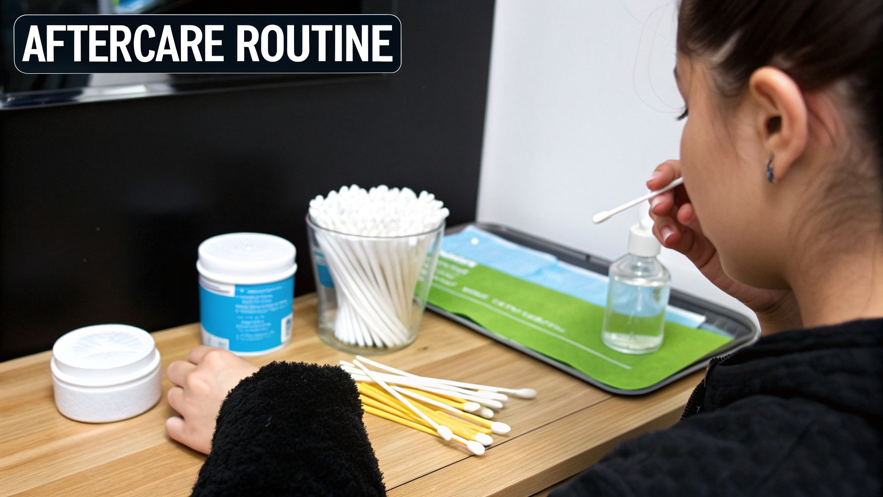 A person following an aftercare routine, carefully using a cotton swab with liquid on their face.